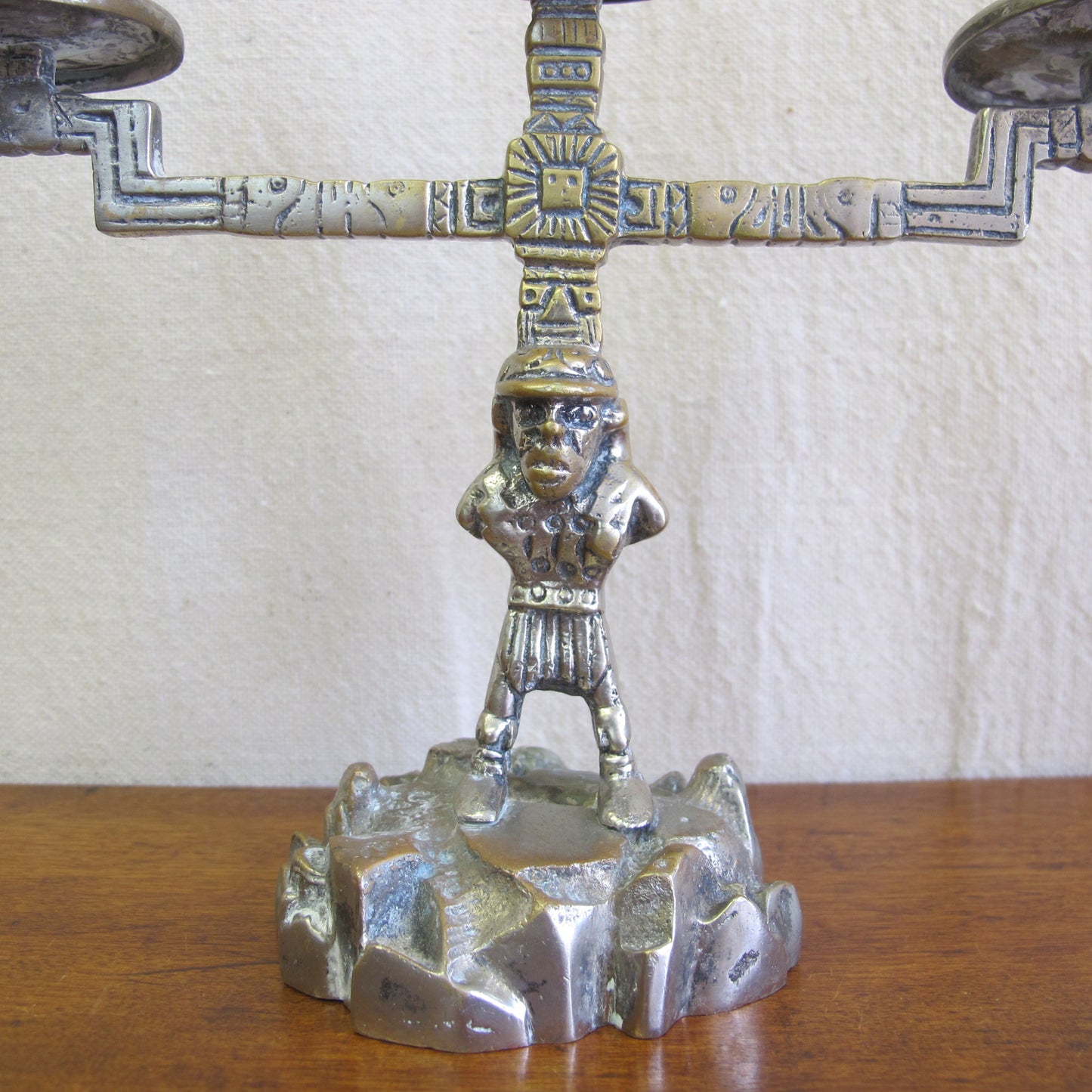 Aztec Revival candelabra with miner as Atlas, solid brass and nickel, c. 1920