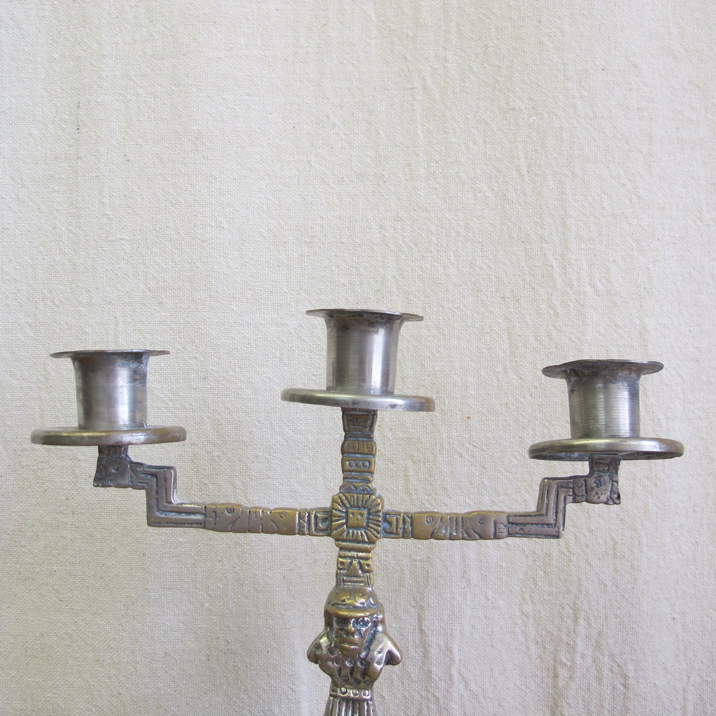 Aztec Revival candelabra with miner as Atlas, solid brass and nickel, c. 1920