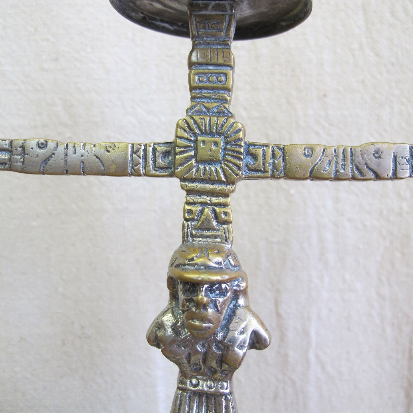 Aztec Revival candelabra with miner as Atlas, solid brass and nickel, c. 1920