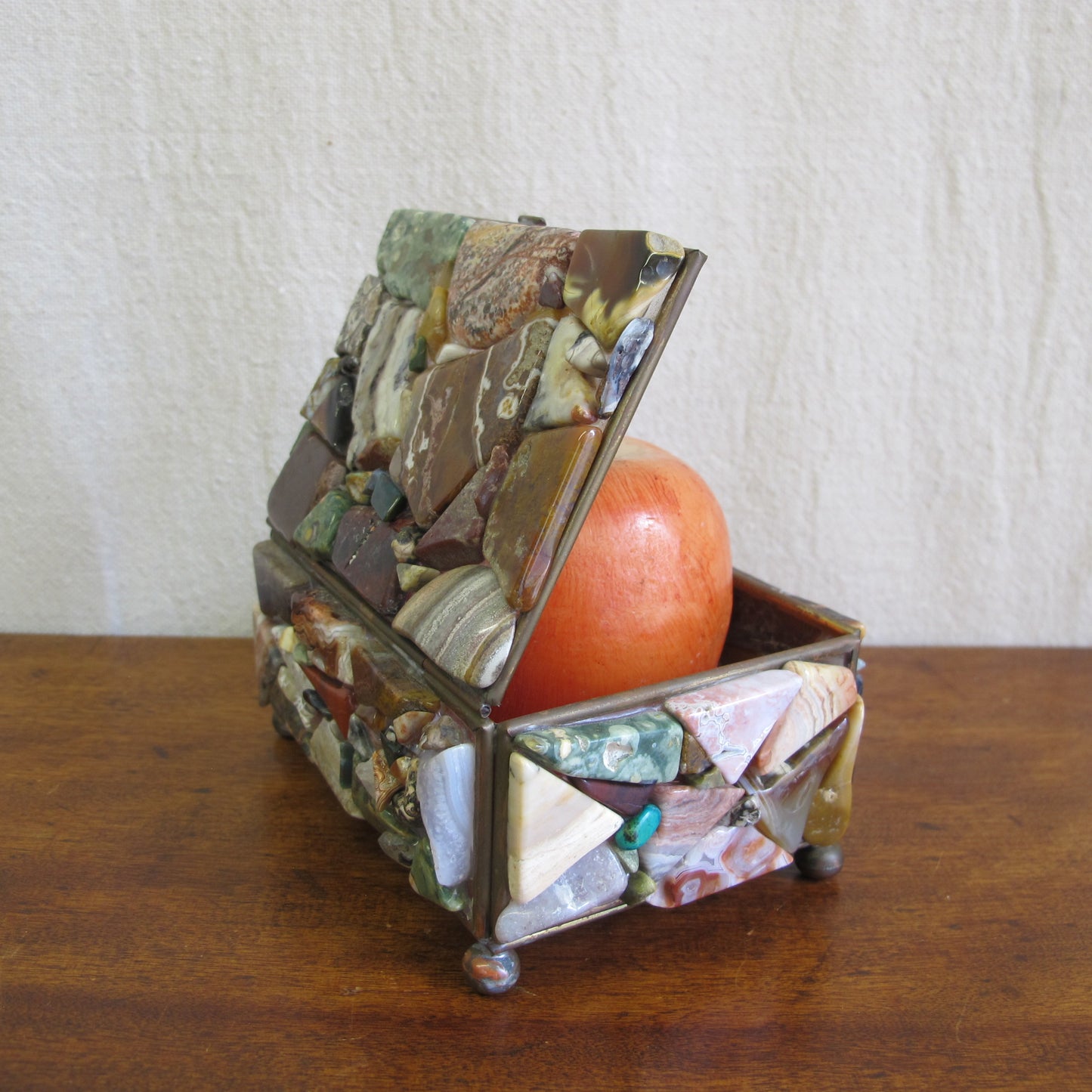 Specimen stone box, carefully collected dozens of different minerals of the same thickness attached to an underlying glass box, c. 1950