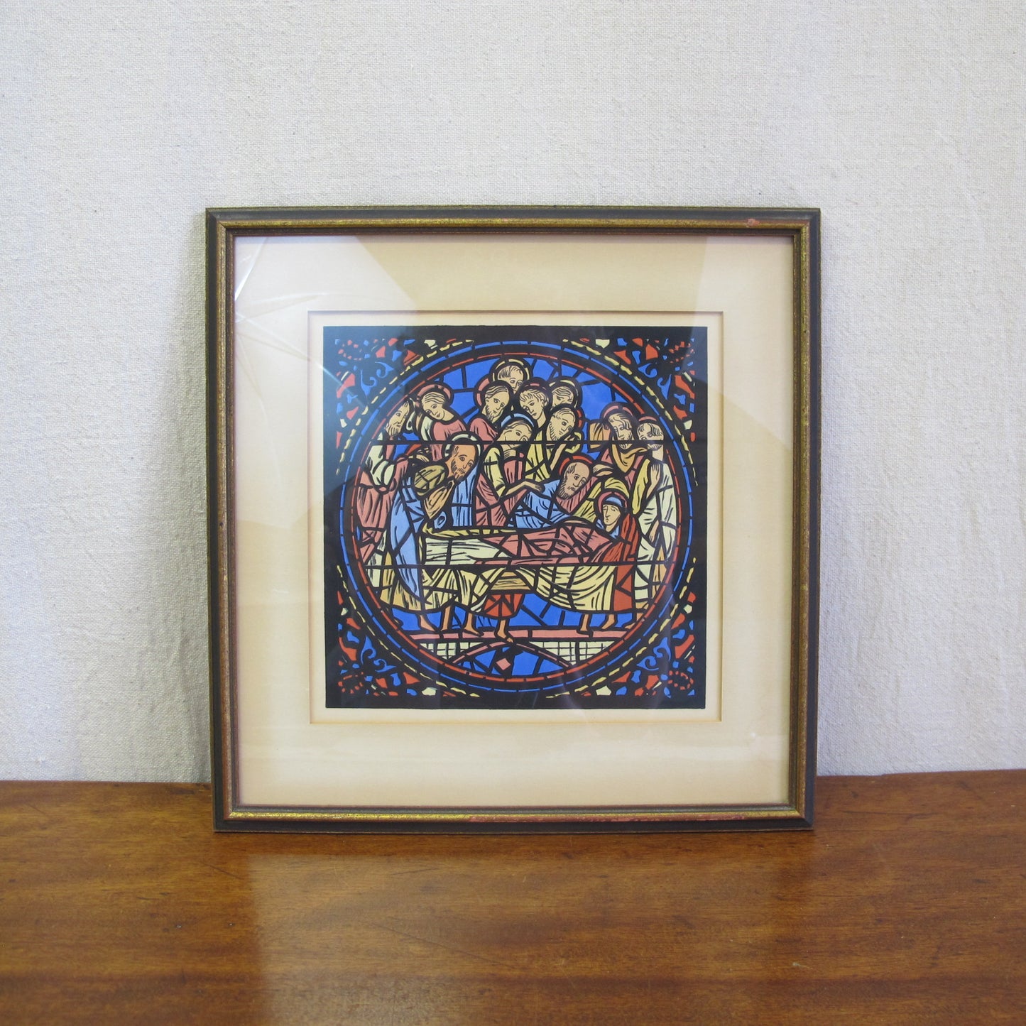 Signed artist silkscreen print of medieval stained glass roundel 1920s depicting the Mary on her deathbed, just before she was assumed to heaven entire