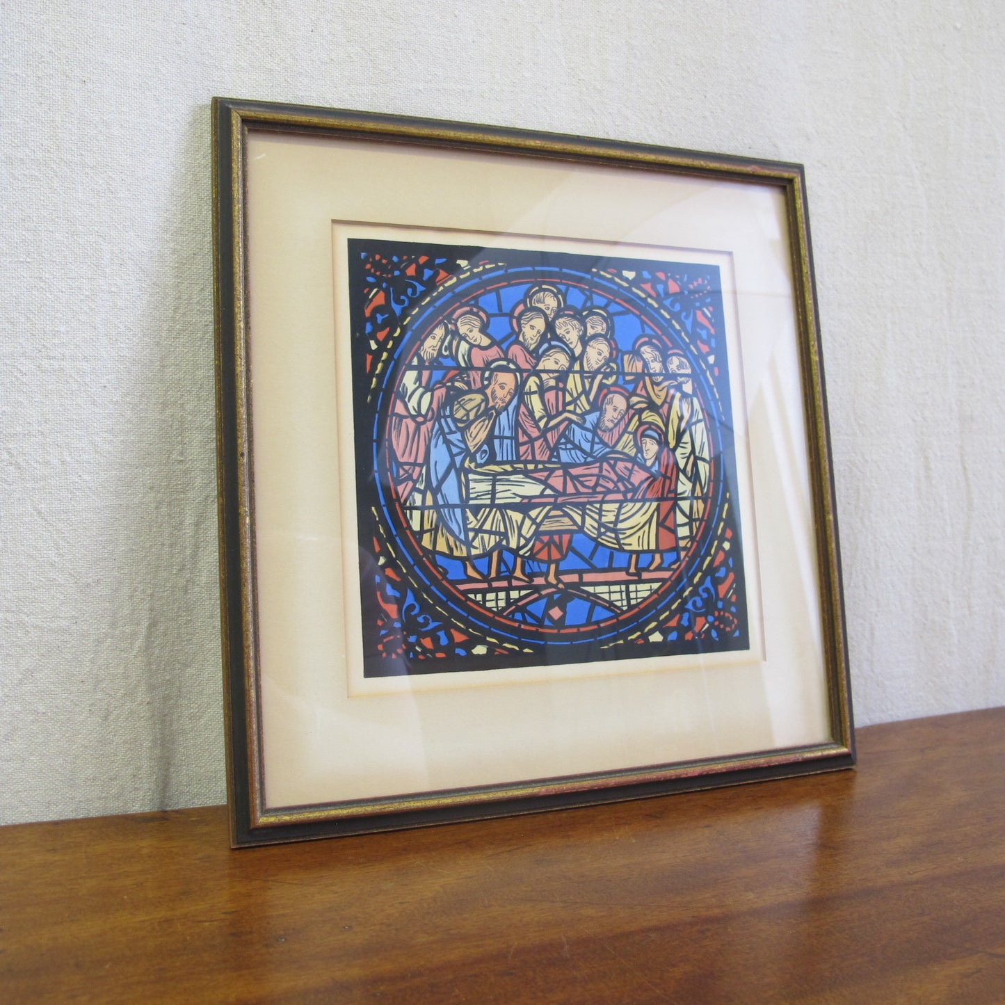 Signed artist silkscreen print of medieval stained glass roundel 1920s depicting the Mary on her deathbed, just before she was assumed to heaven entire