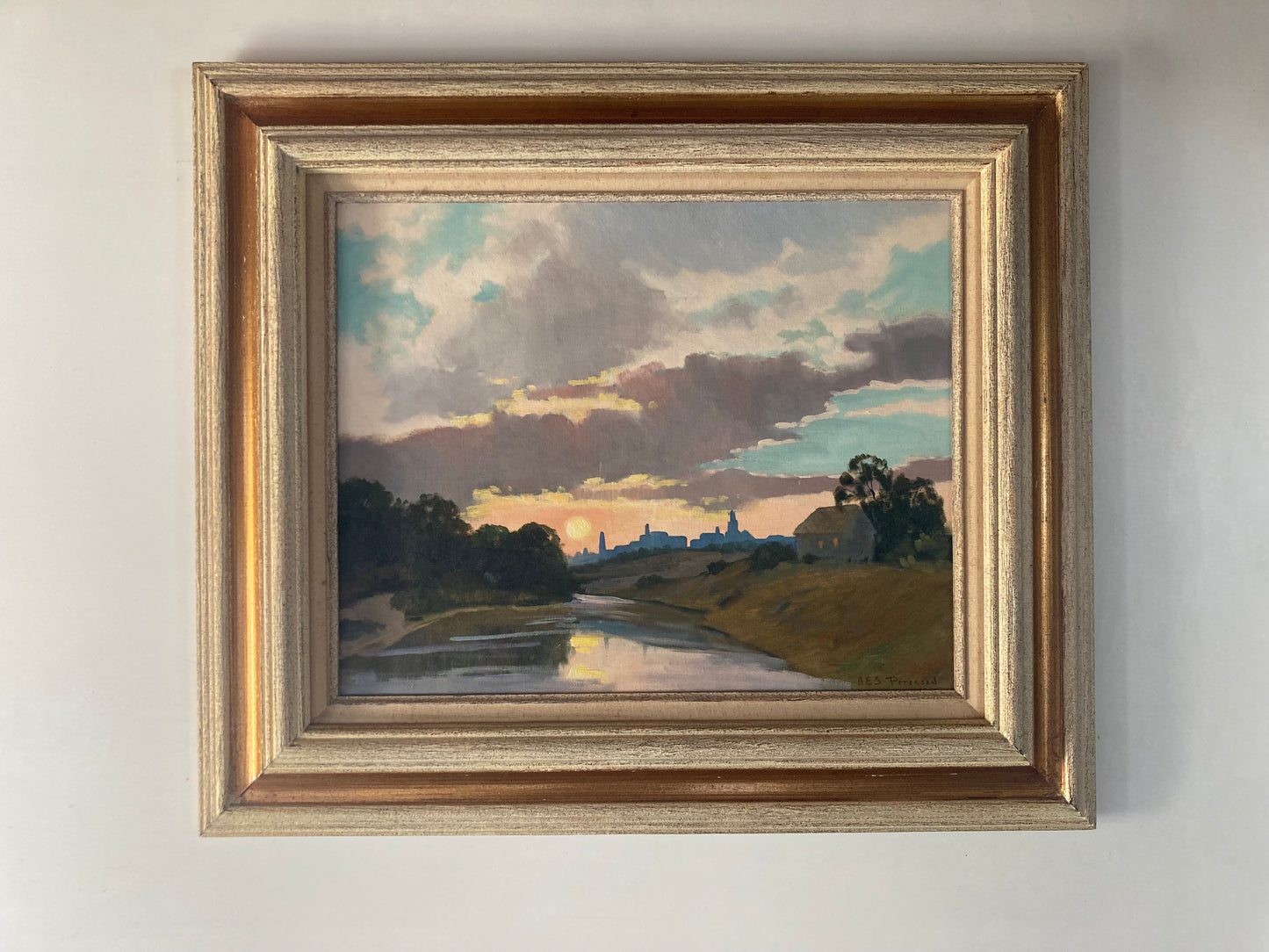 A. E. Peterson painting of Providence Rhode Island skyline from the River, c. 1965