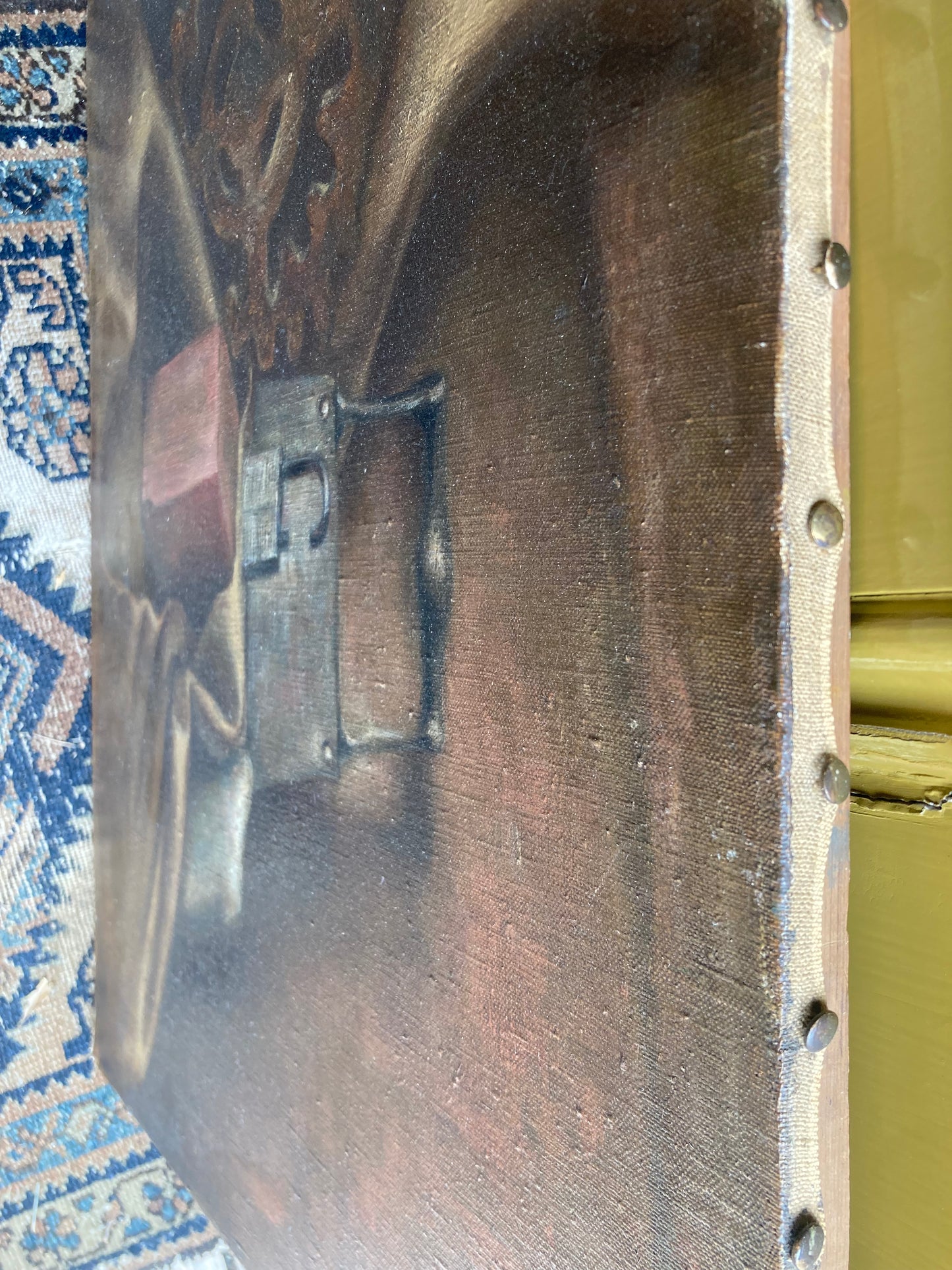 Oil on Canvas Painting, Industrial Still Life of Rusty Gear, Lock, Brick and Mandolin c. 1940 1950, artist signed N. Davis