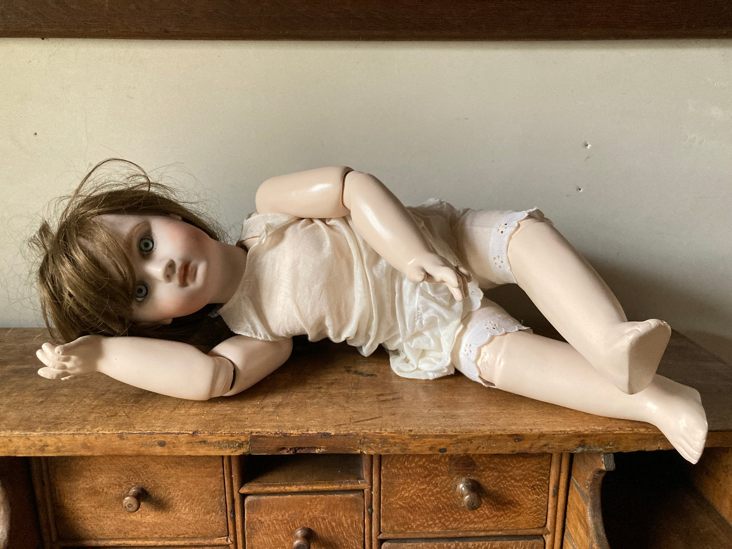 Meticulous reproduction closed-mouth Jumeau bebe c. 1895, made in the 1980s