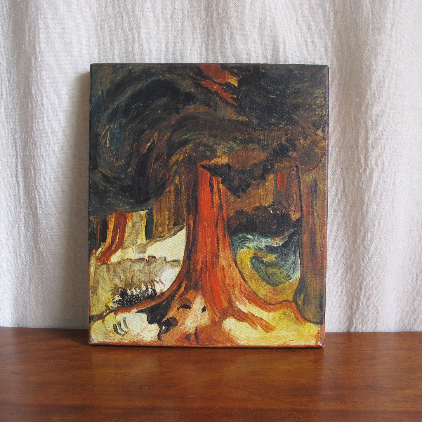 Canadian modernist gestural oil painting on canvas of tree in a forest, 1970 1980