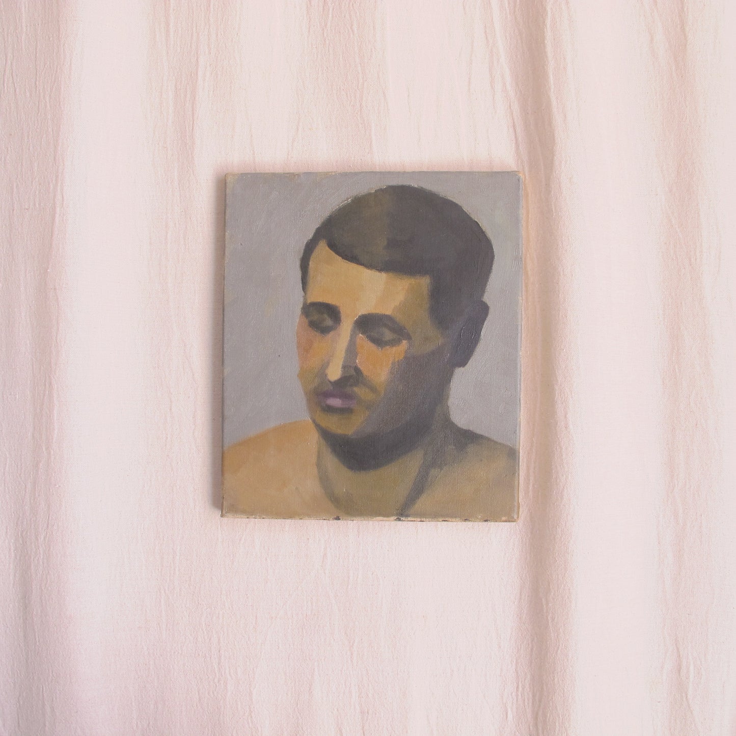 Oil on canvas early modernist Italian painting of a male head with closed eyes, c. 1910 1920 antique vintage