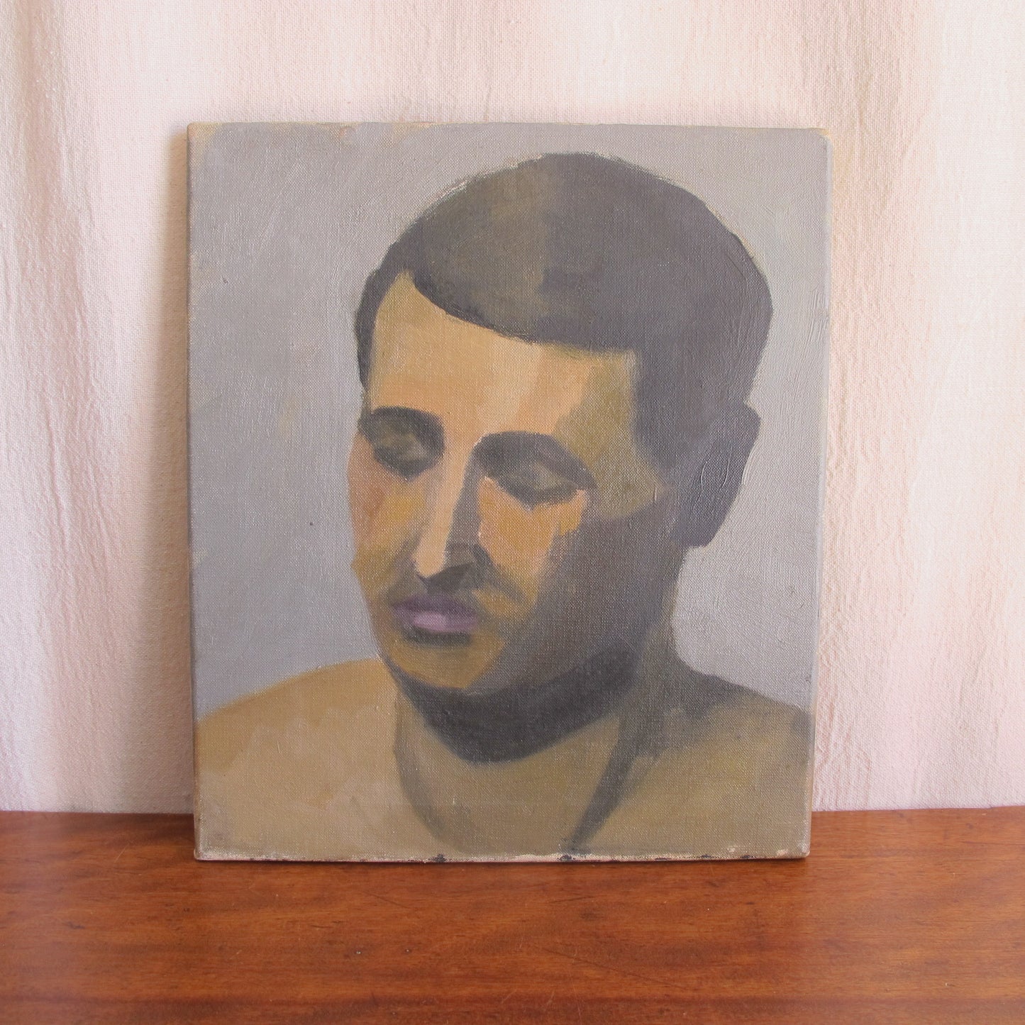 Oil on canvas early modernist Italian painting of a male head with closed eyes, c. 1910 1920 antique vintage