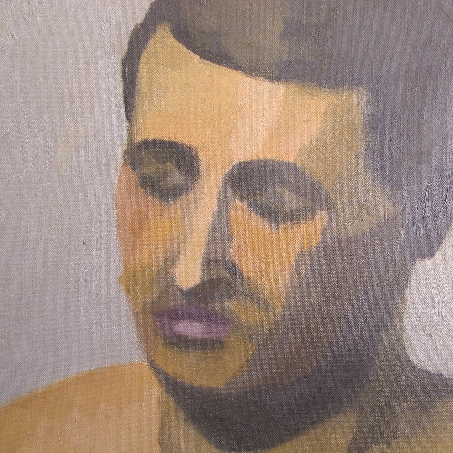 Oil on canvas early modernist Italian painting of a male head with closed eyes, c. 1910 1920 antique vintage