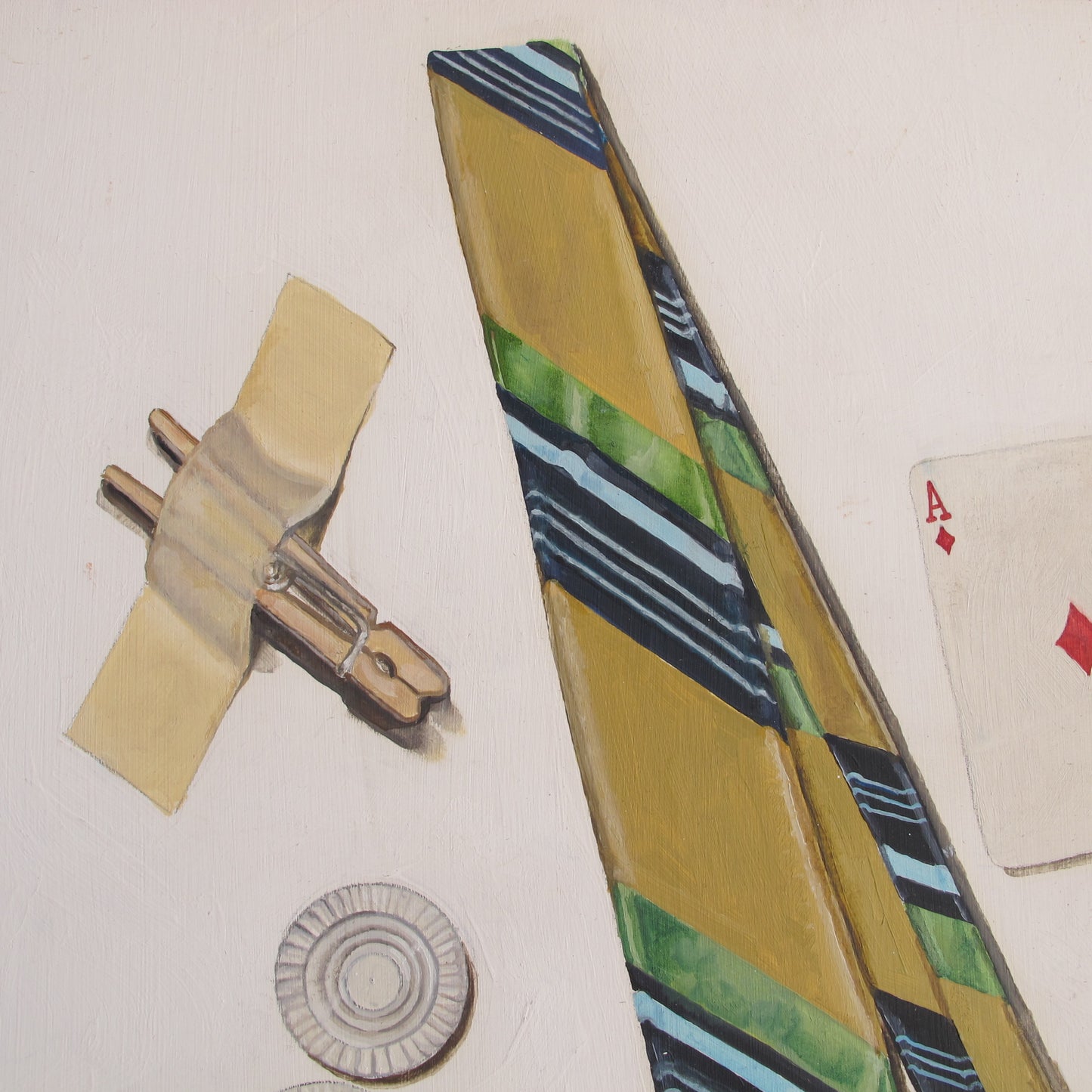 Tromp l'oeil oil on board painting, artist signed Rob Candor, gentlemanly accessories: necktie, poker chips, lighter, c. 1950