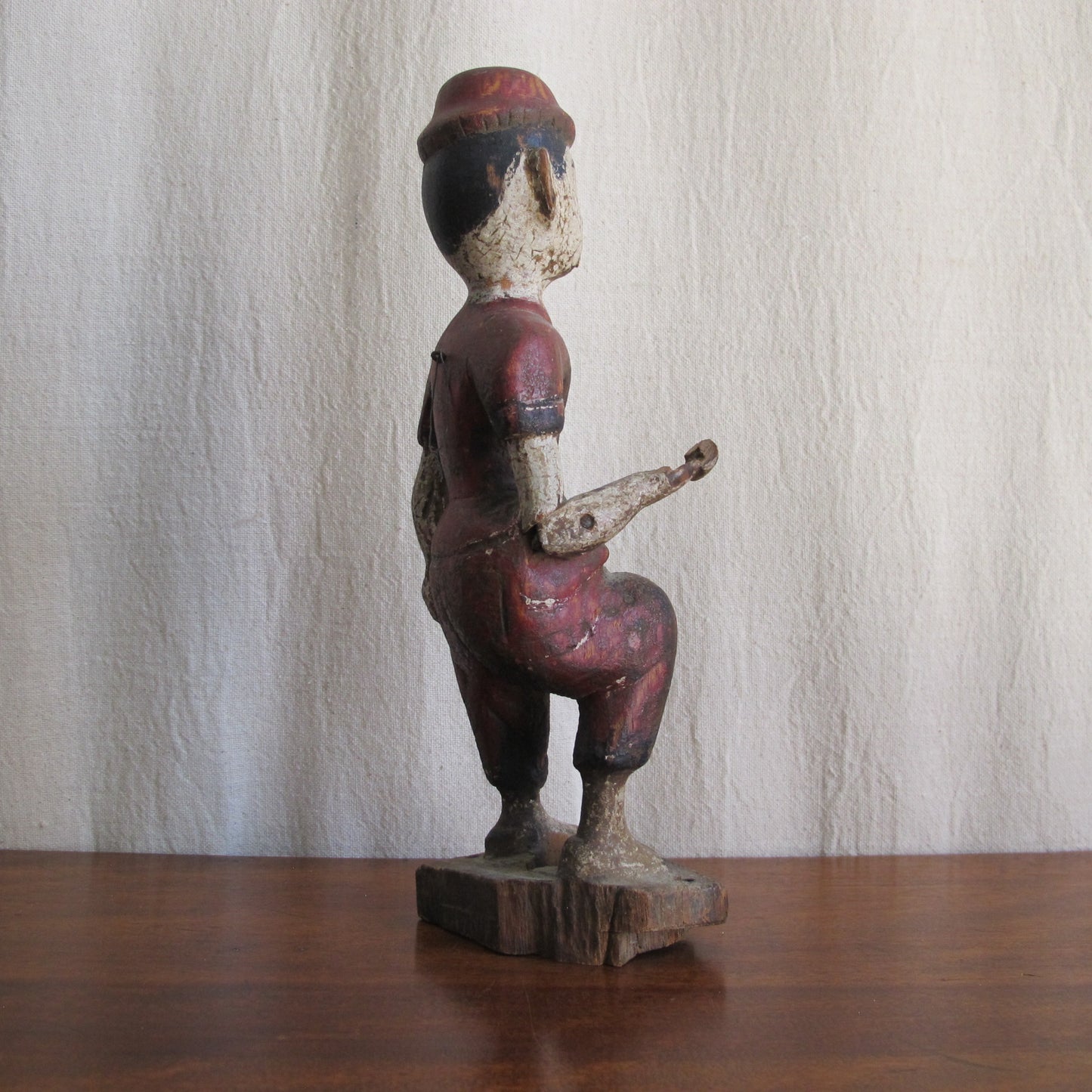 Rare 19th century Rajasthani Indian carved and painted wood mechanical musician, with articulated movable arm