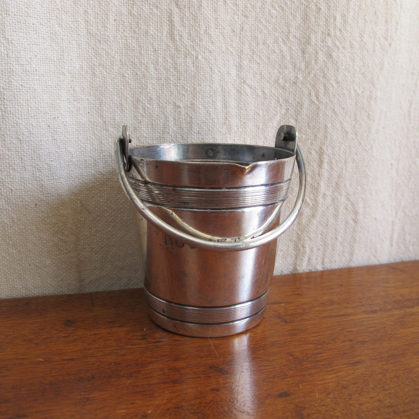 Cocktail jigger engraved "BUCKET FULL," in the form of a miniature bucket, up to 4 oz., silverplate by Napier, c. 1930