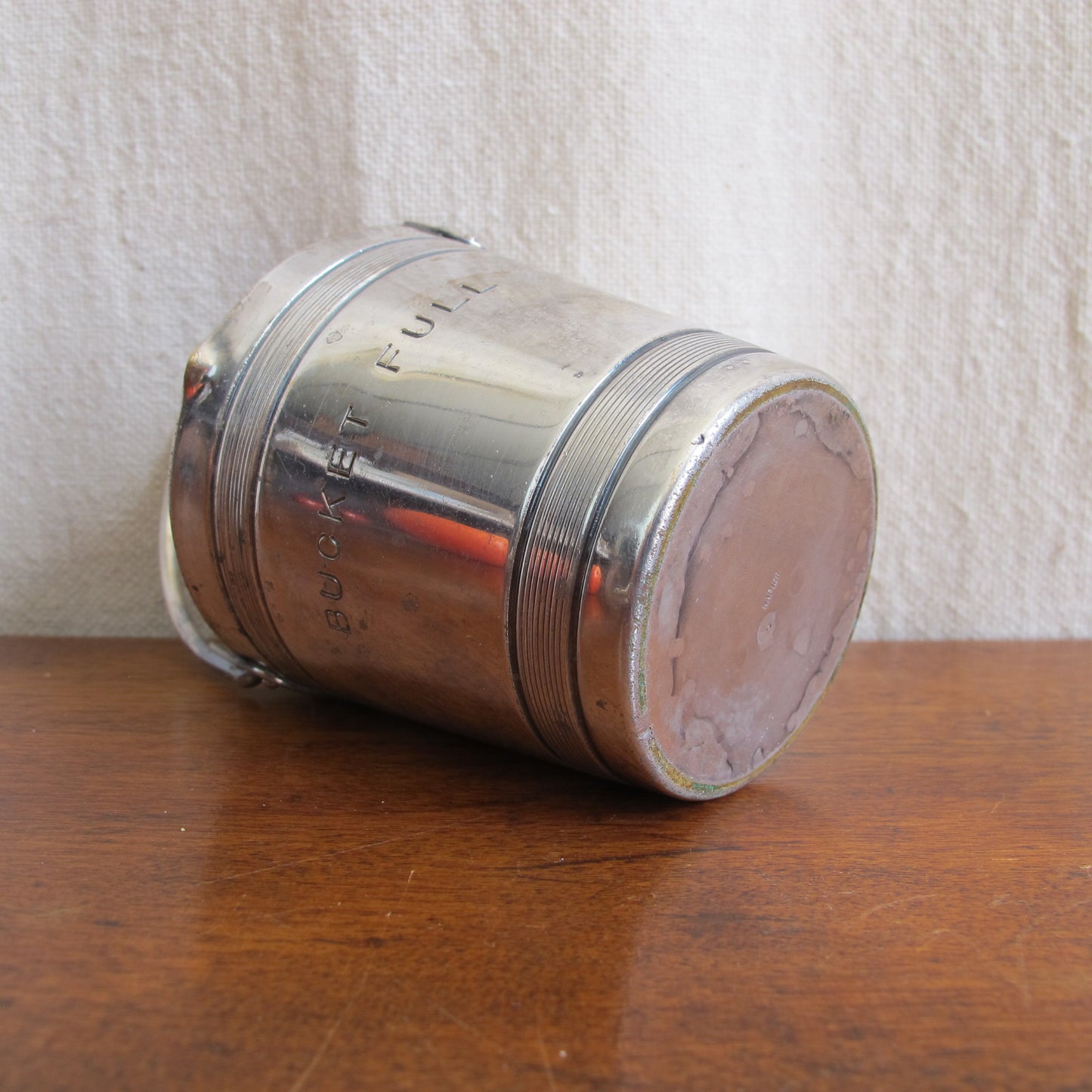 Cocktail jigger engraved "BUCKET FULL," in the form of a miniature bucket, up to 4 oz., silverplate by Napier, c. 1930