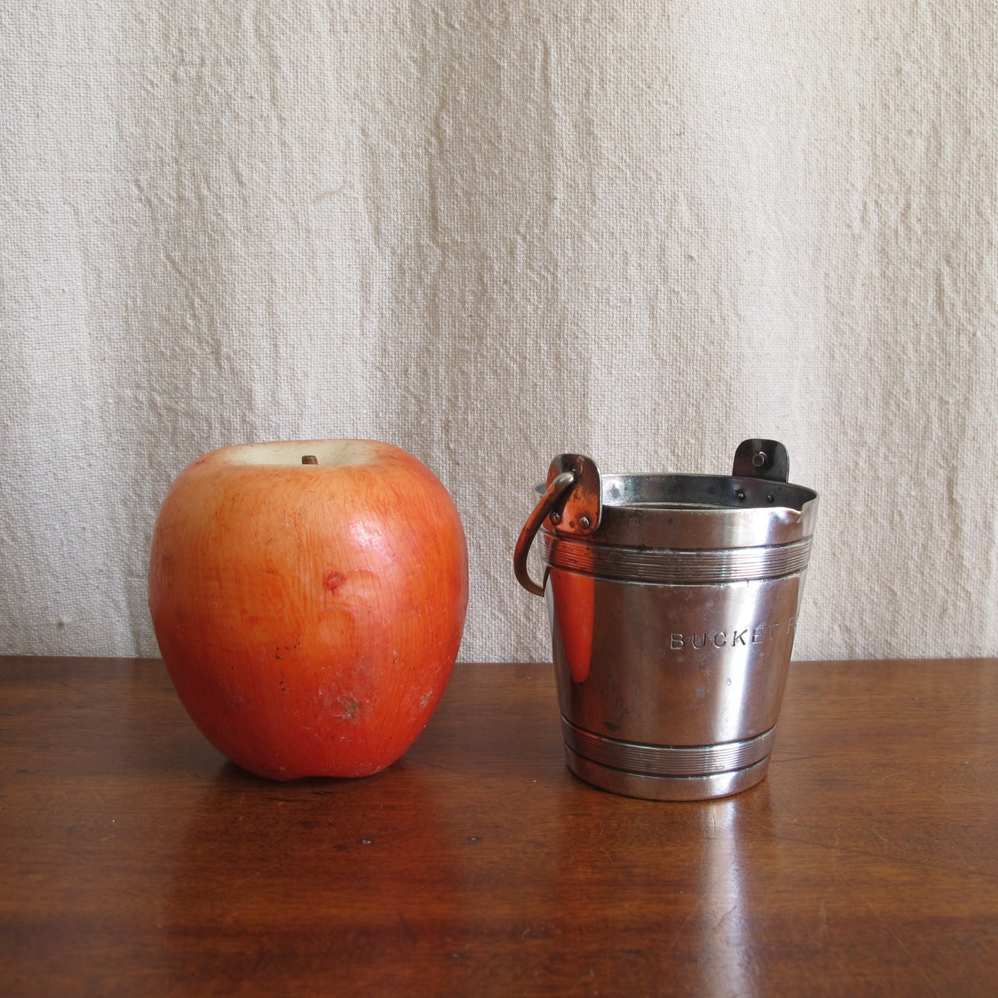 Cocktail jigger engraved "BUCKET FULL," in the form of a miniature bucket, up to 4 oz., silverplate by Napier, c. 1930