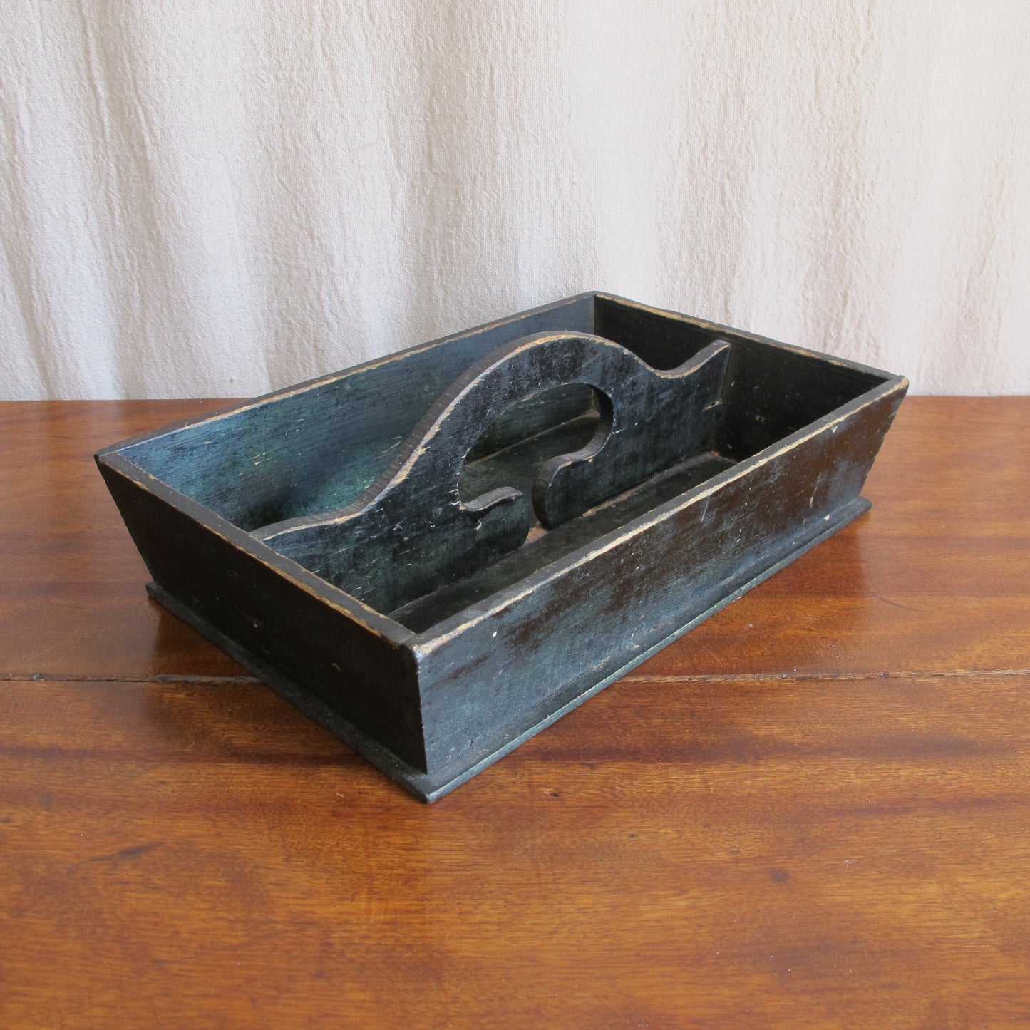 Cutlery box in original green paint surface, American c. 1850, vintage antique