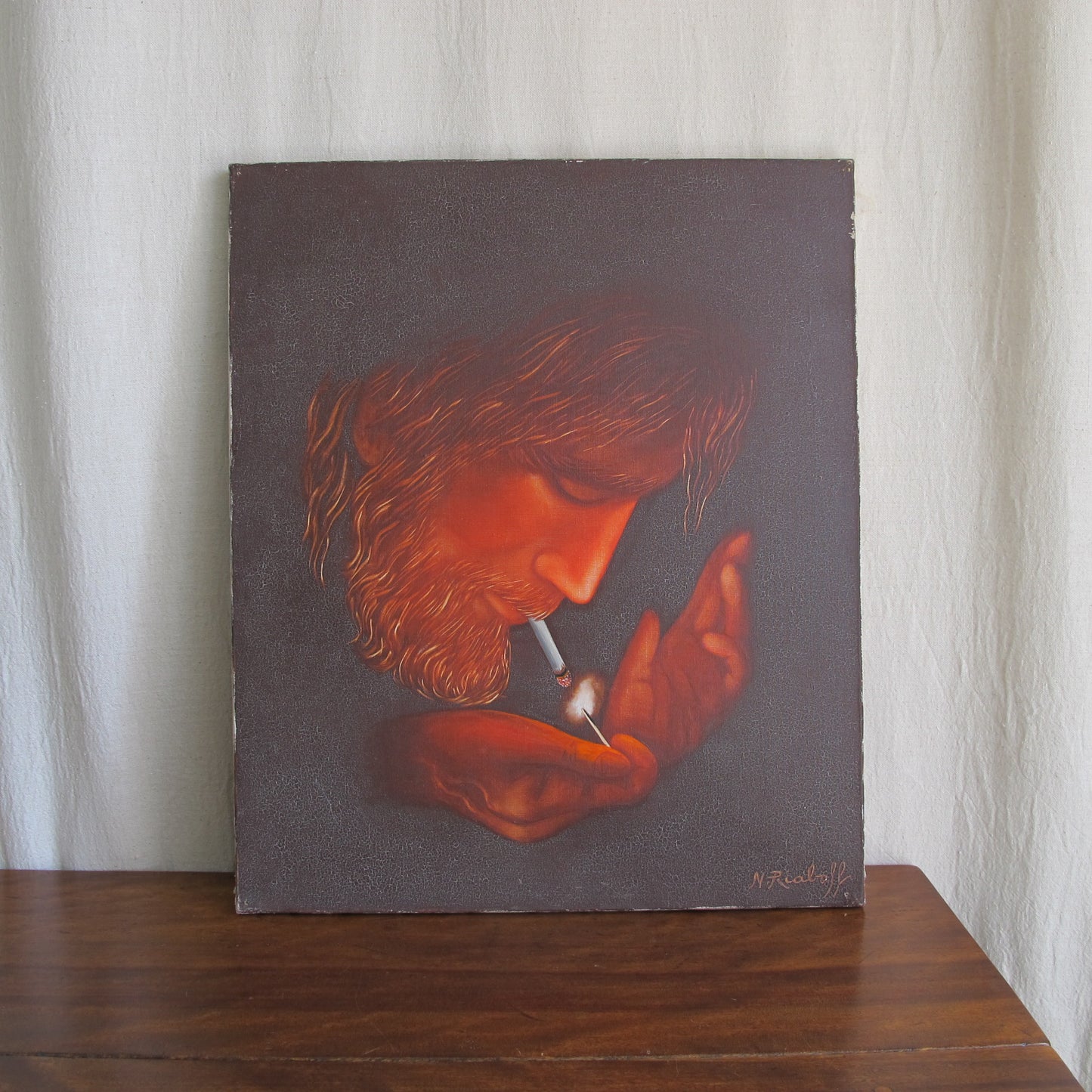 'Toking Jesus,' oil on canvas painting signed Nicolas Riaboff, Paris, 1971 vintage antique