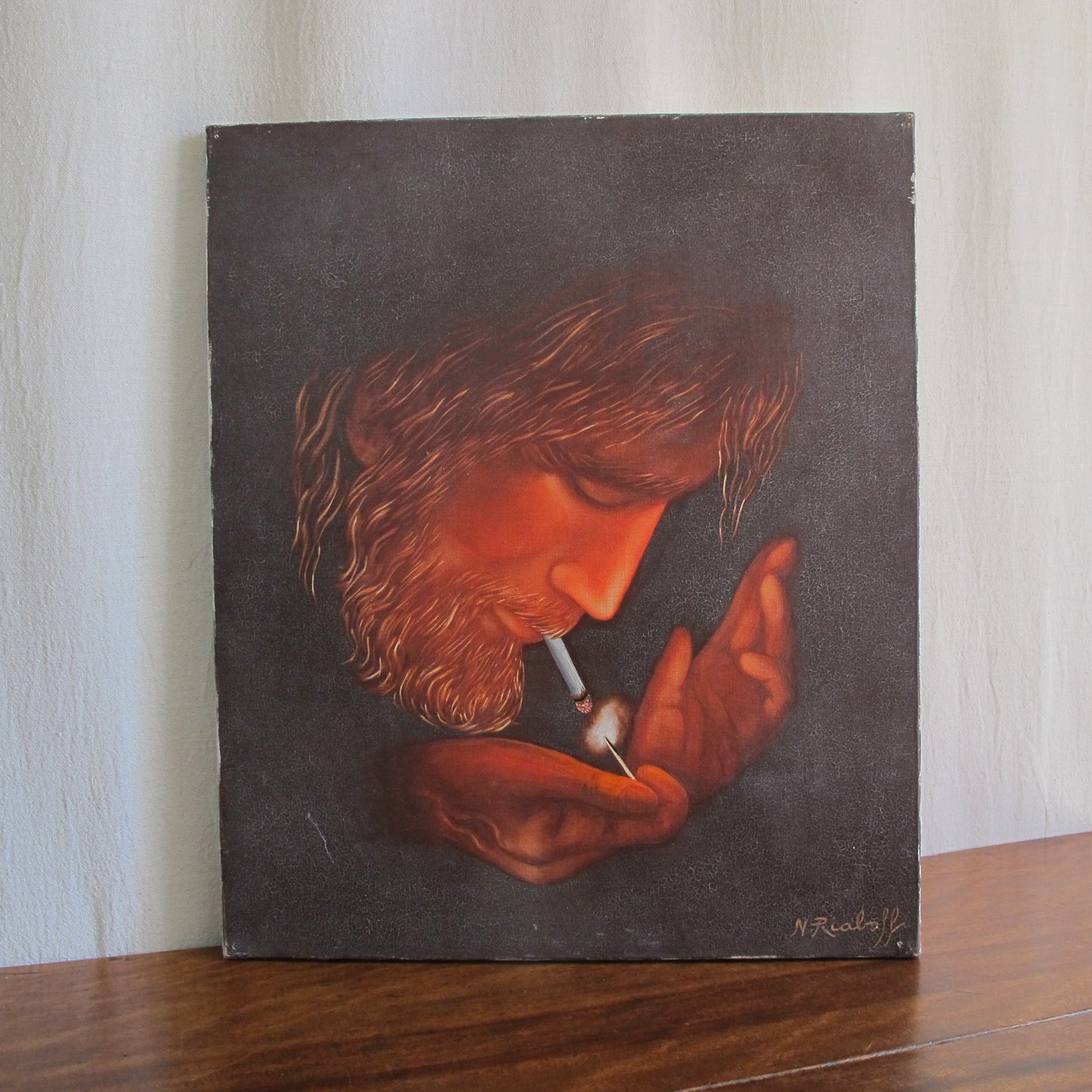 'Toking Jesus,' oil on canvas painting signed Nicolas Riaboff, Paris, 1971 vintage antique