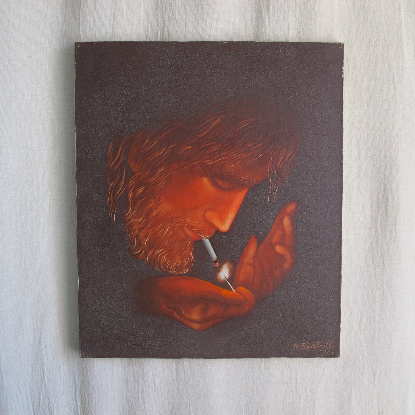 'Toking Jesus,' oil on canvas painting signed Nicolas Riaboff, Paris, 1971 vintage antique