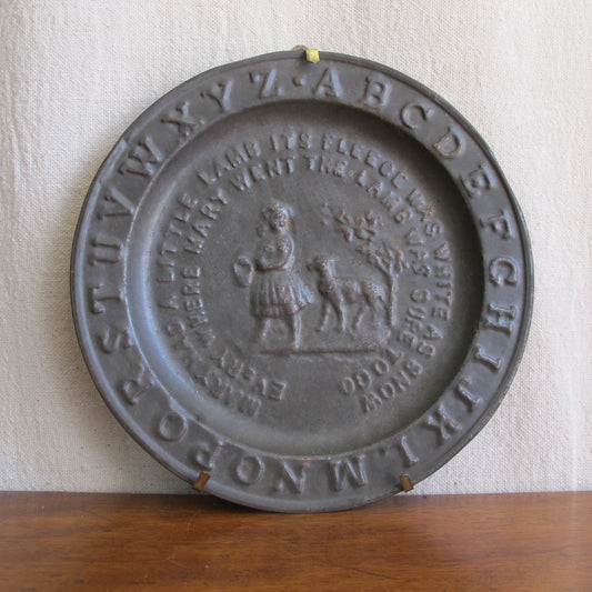 Child's alphabet plate in pressed tin depicting 'Mary had a Little Lamb', c. 1850, vintage antique