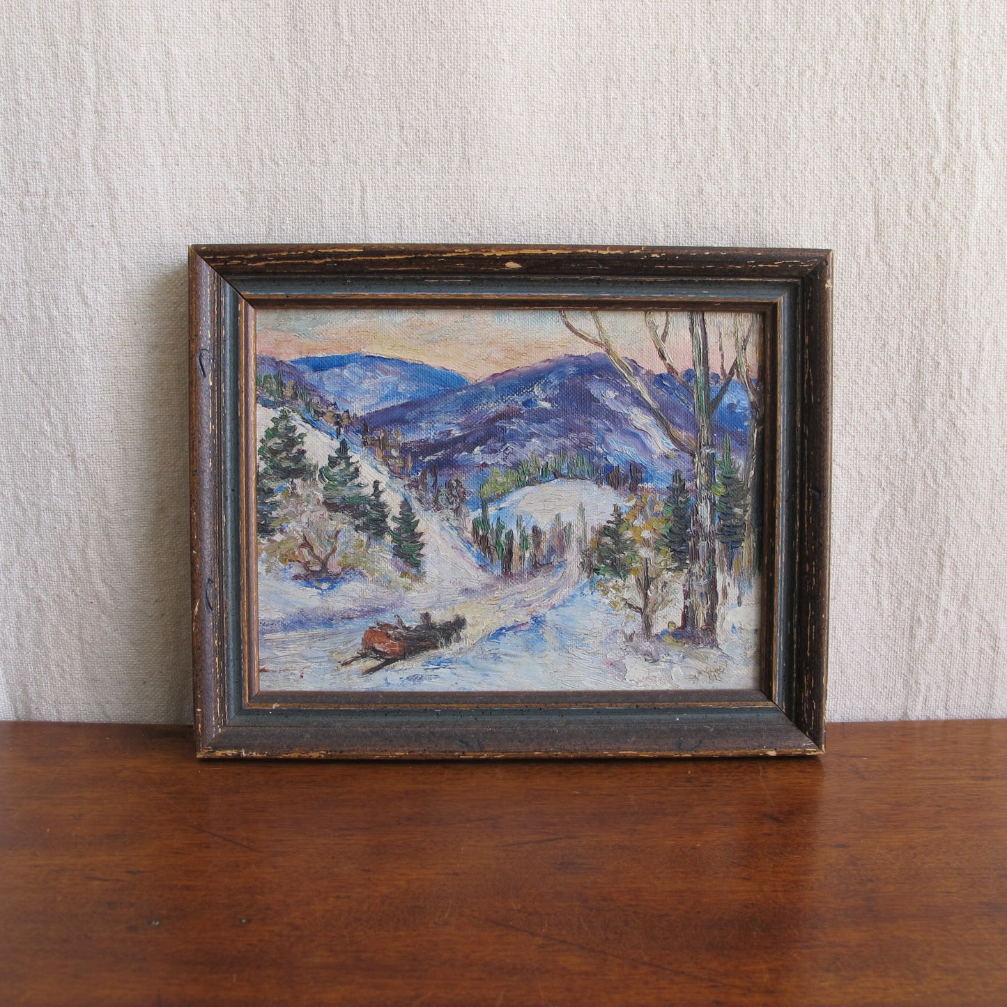 'Thrall,' miniature oil on canvas landscape snowscape painting dated 1952, depicting Mount Battie, Camden, ME,