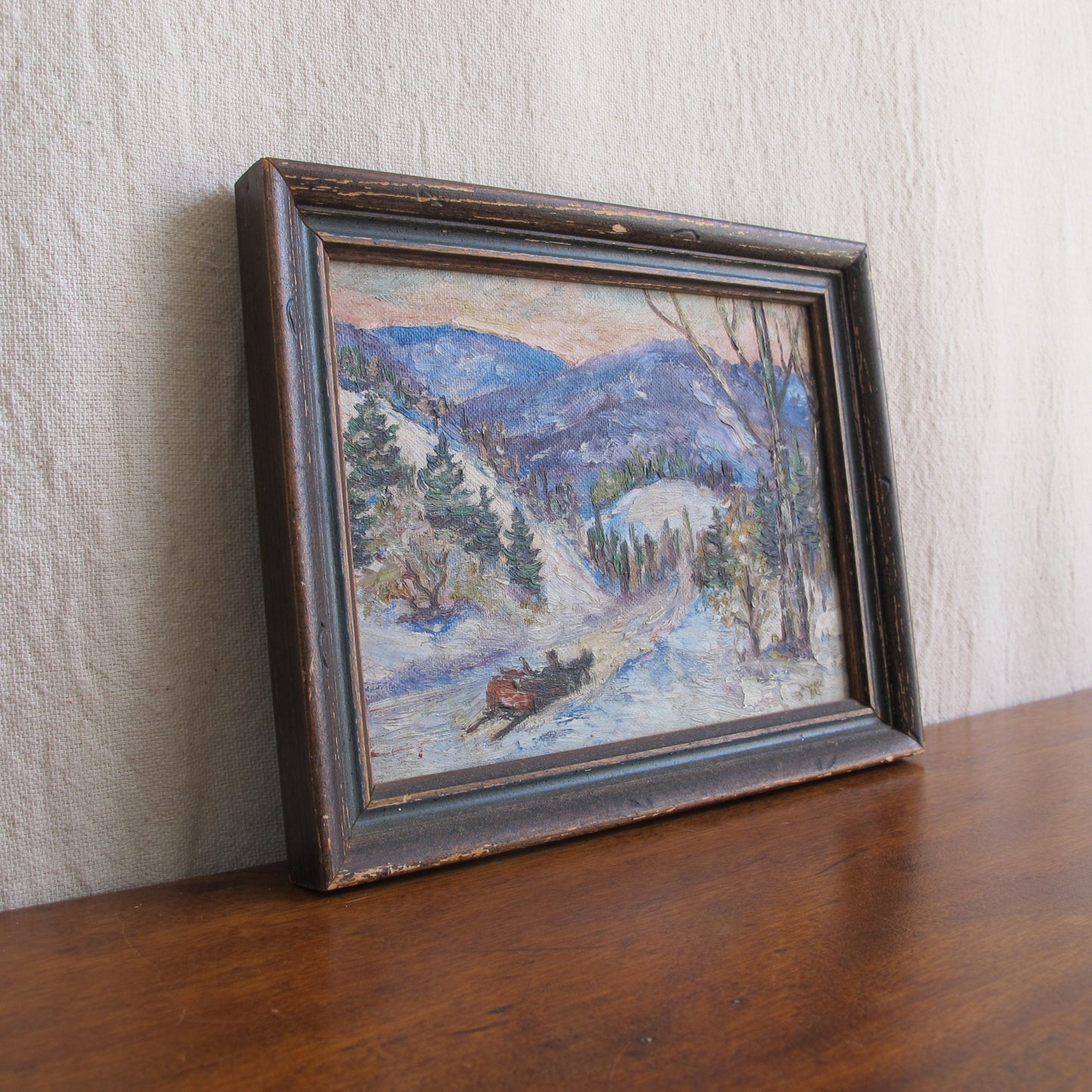 'Thrall,' miniature oil on canvas landscape snowscape painting dated 1952, depicting Mount Battie, Camden, ME,