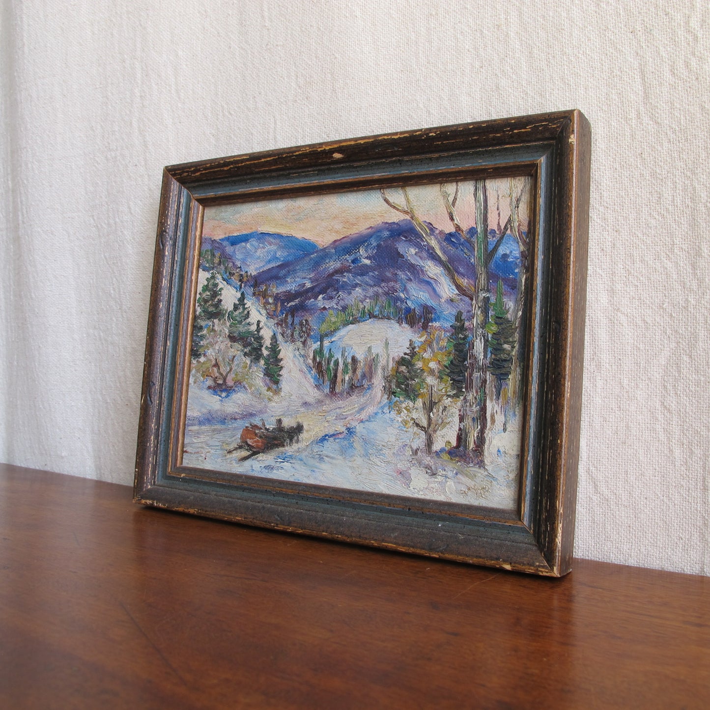 'Thrall,' miniature oil on canvas landscape snowscape painting dated 1952, depicting Mount Battie, Camden, ME,