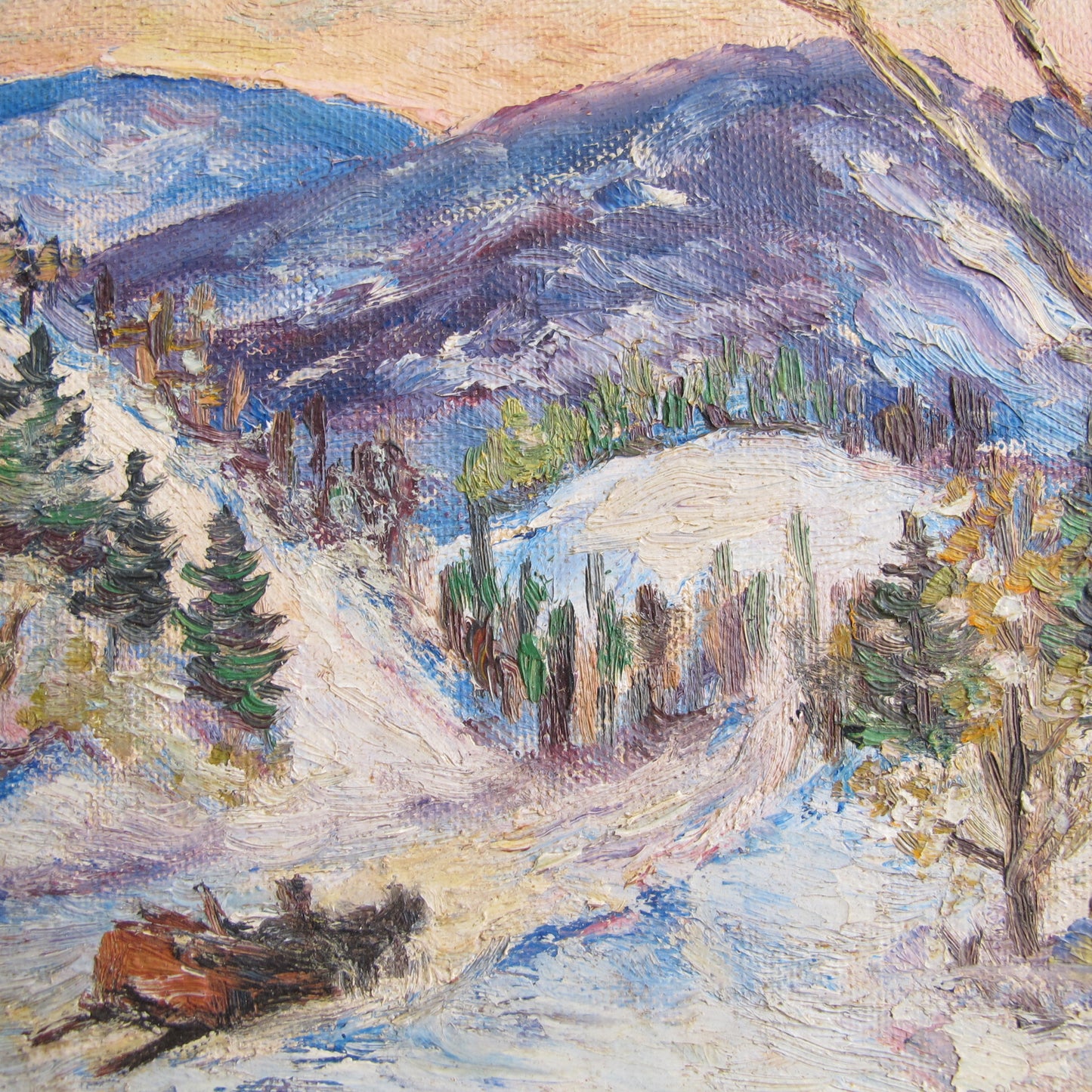 'Thrall,' miniature oil on canvas landscape snowscape painting dated 1952, depicting Mount Battie, Camden, ME,