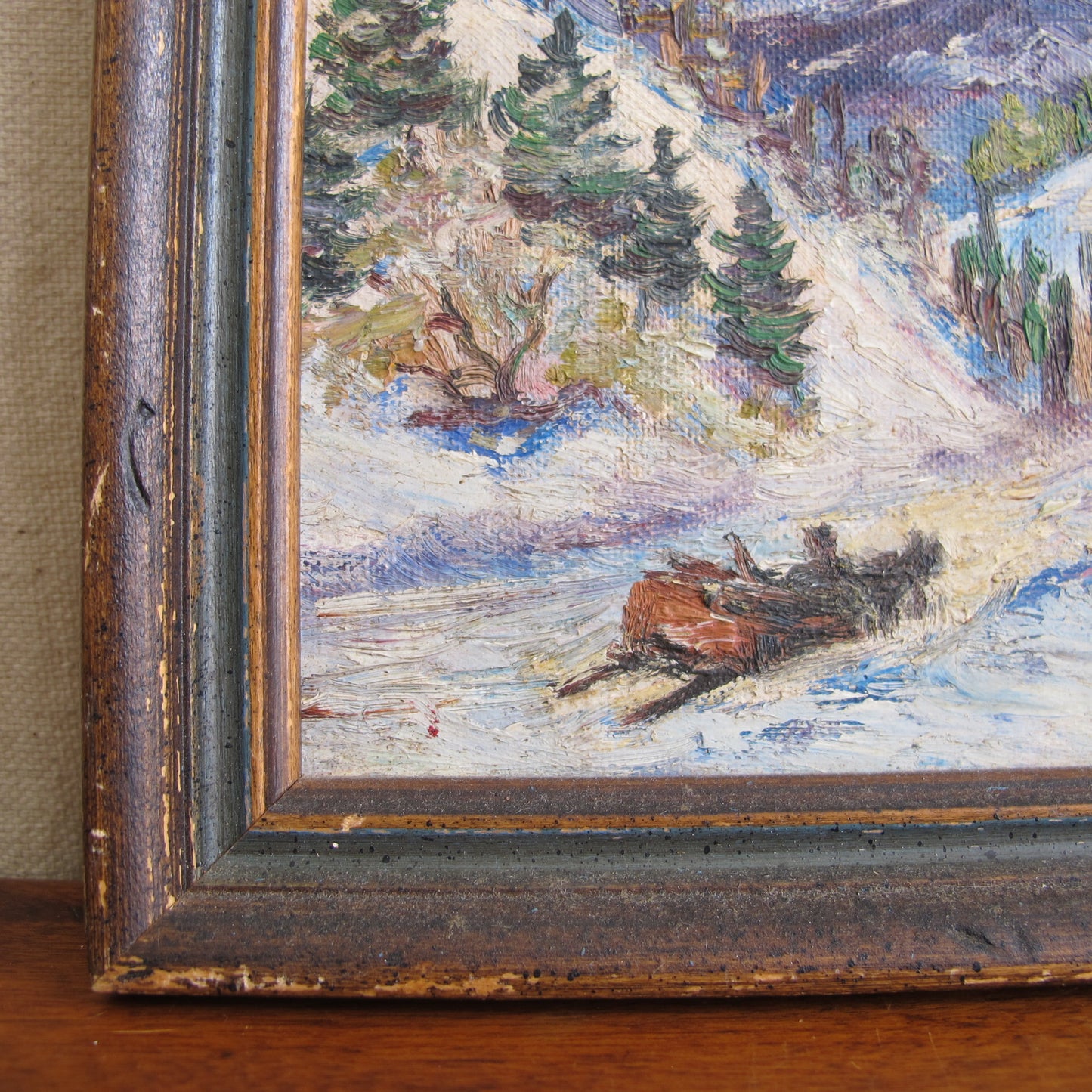 'Thrall,' miniature oil on canvas landscape snowscape painting dated 1952, depicting Mount Battie, Camden, ME,