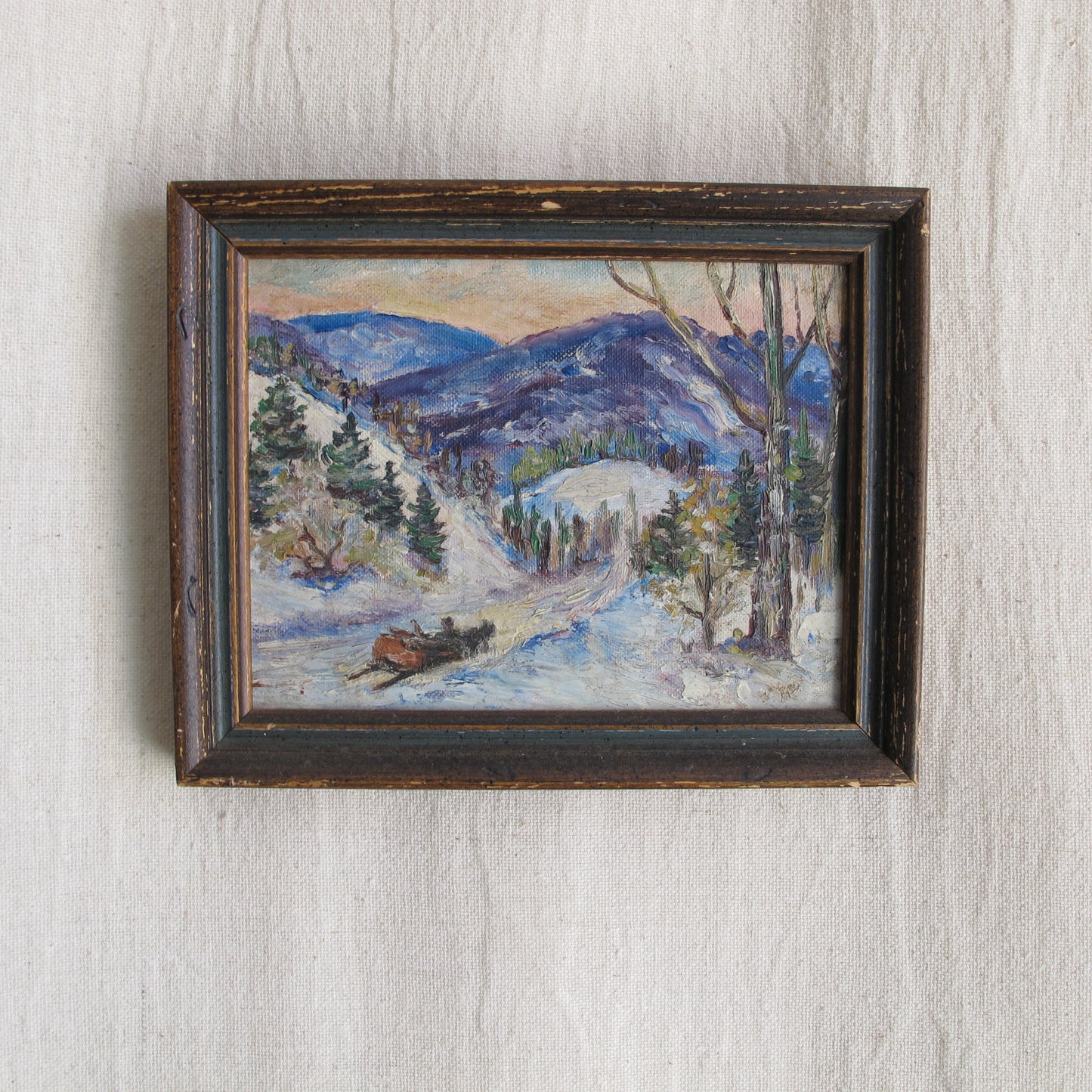 'Thrall,' miniature oil on canvas landscape snowscape painting dated 1952, depicting Mount Battie, Camden, ME,