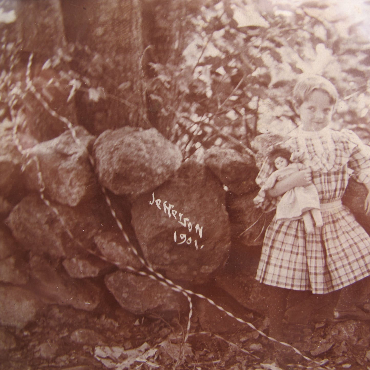 Portrait photograph of six children with their dolls, titled and dated 'Jefferson 1901,' by Merill Muir of Worcester, MA victorian edwardian antique vintage