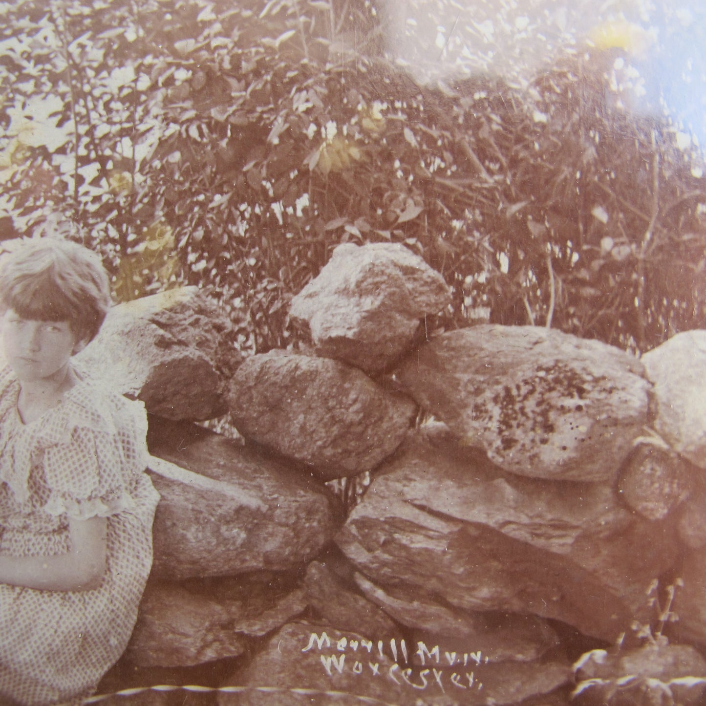 Portrait photograph of six children with their dolls, titled and dated 'Jefferson 1901,' by Merill Muir of Worcester, MA victorian edwardian antique vintage