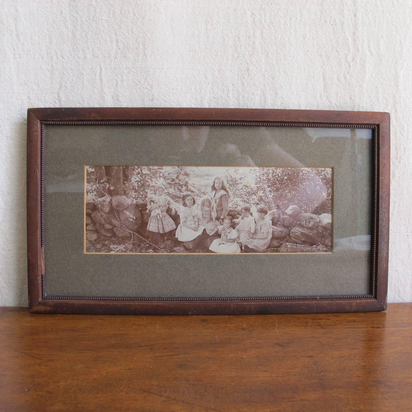 Portrait photograph of six children with their dolls, titled and dated 'Jefferson 1901,' by Merill Muir of Worcester, MA victorian edwardian antique vintage