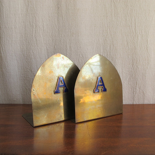 Amherst College bronze bookends with enameled letter A in cobalt blue, c. 1910 Edwardian Victorian vintage antique