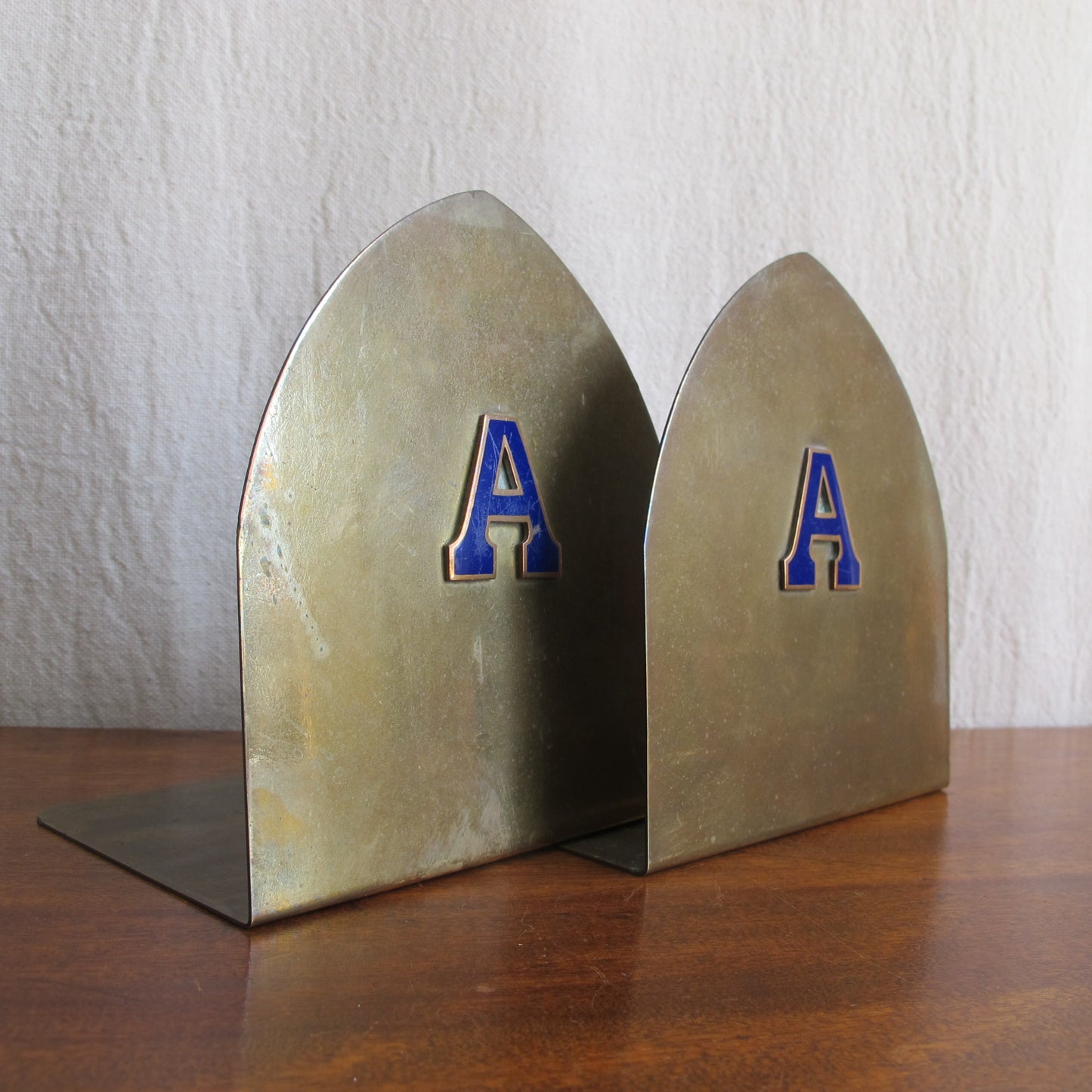 Amherst College bronze bookends with enameled letter A in cobalt blue, c. 1910 Edwardian Victorian vintage antique