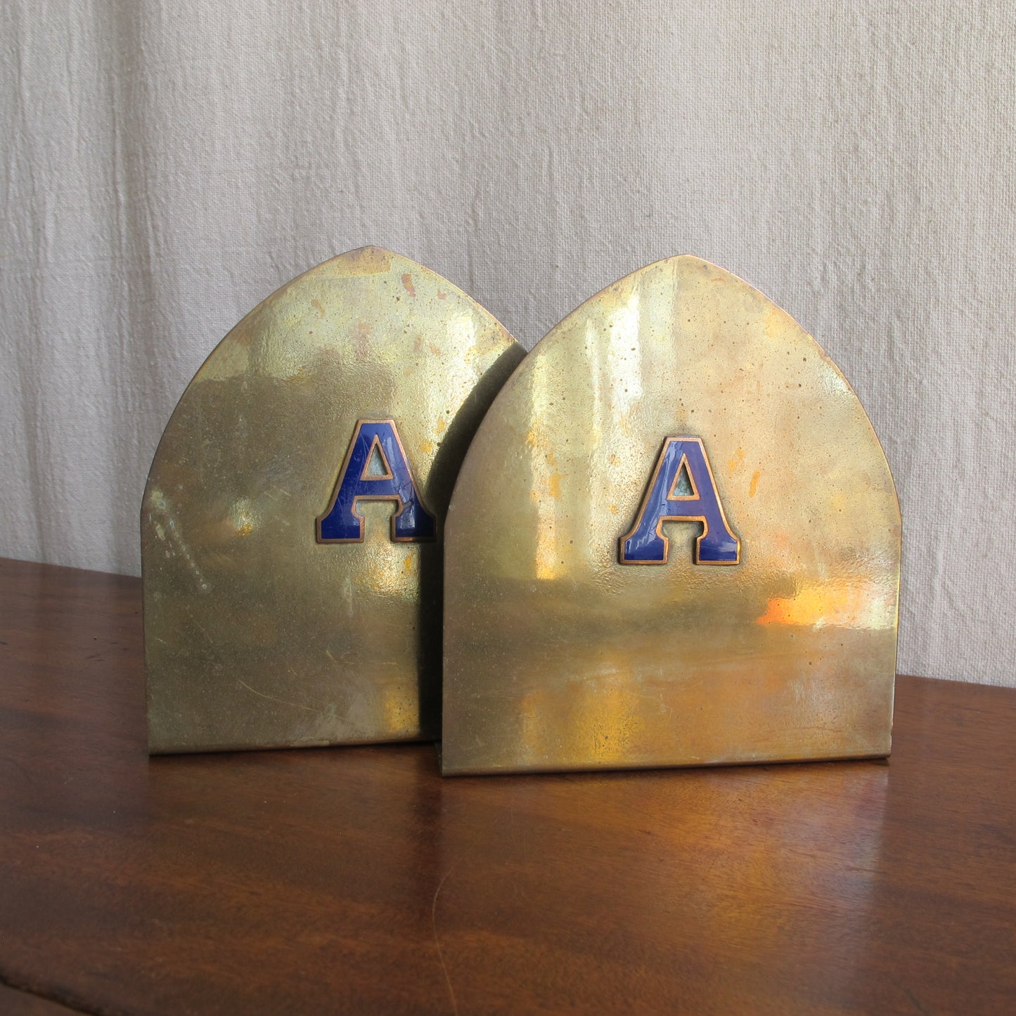 Amherst College bronze bookends with enameled letter A in cobalt blue, c. 1910 Edwardian Victorian vintage antique