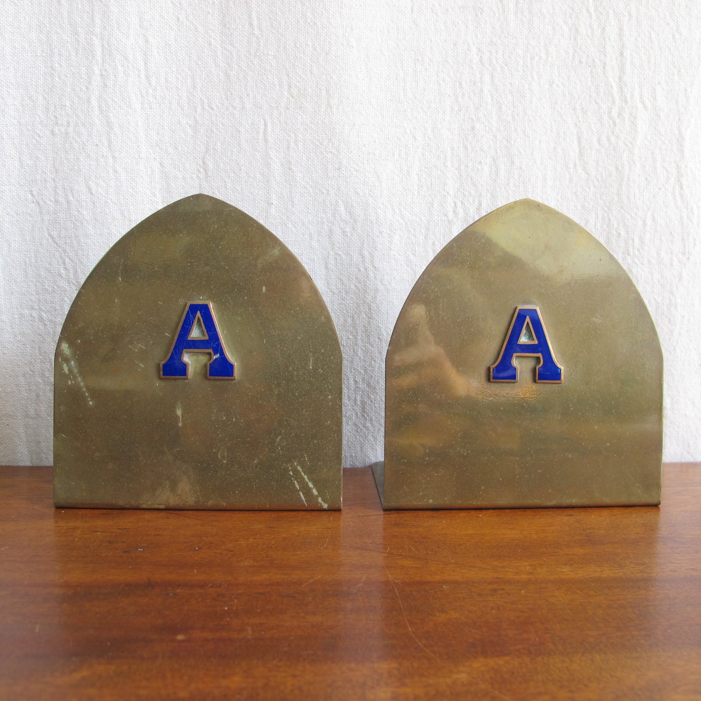 Amherst College bronze bookends with enameled letter A in cobalt blue, c. 1910 Edwardian Victorian vintage antique