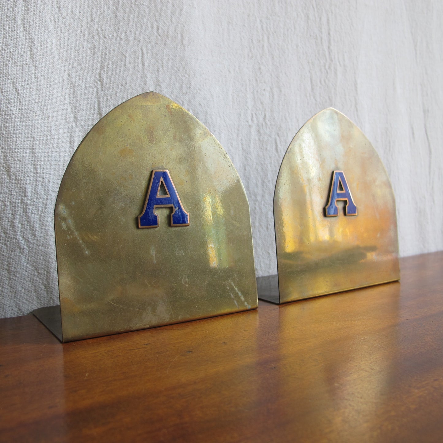 Amherst College bronze bookends with enameled letter A in cobalt blue, c. 1910 Edwardian Victorian vintage antique