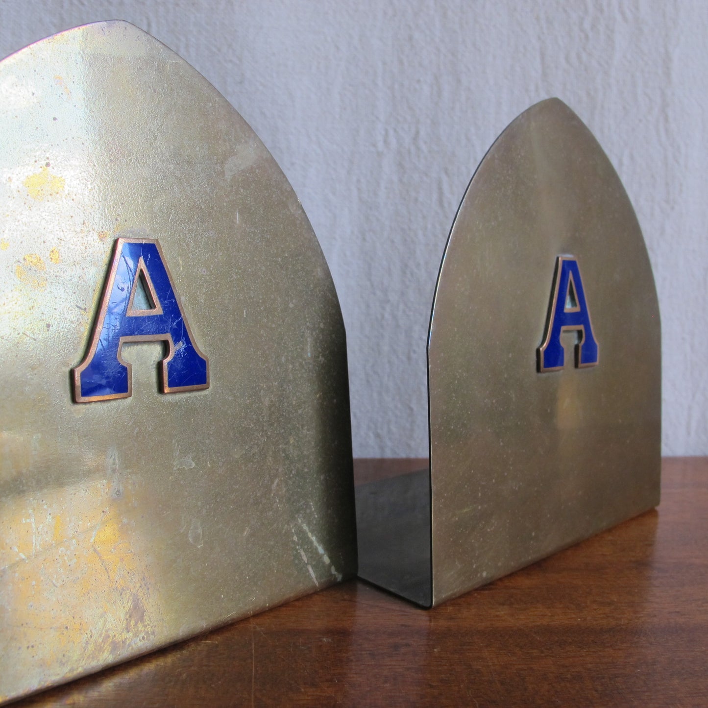 Amherst College bronze bookends with enameled letter A in cobalt blue, c. 1910 Edwardian Victorian vintage antique