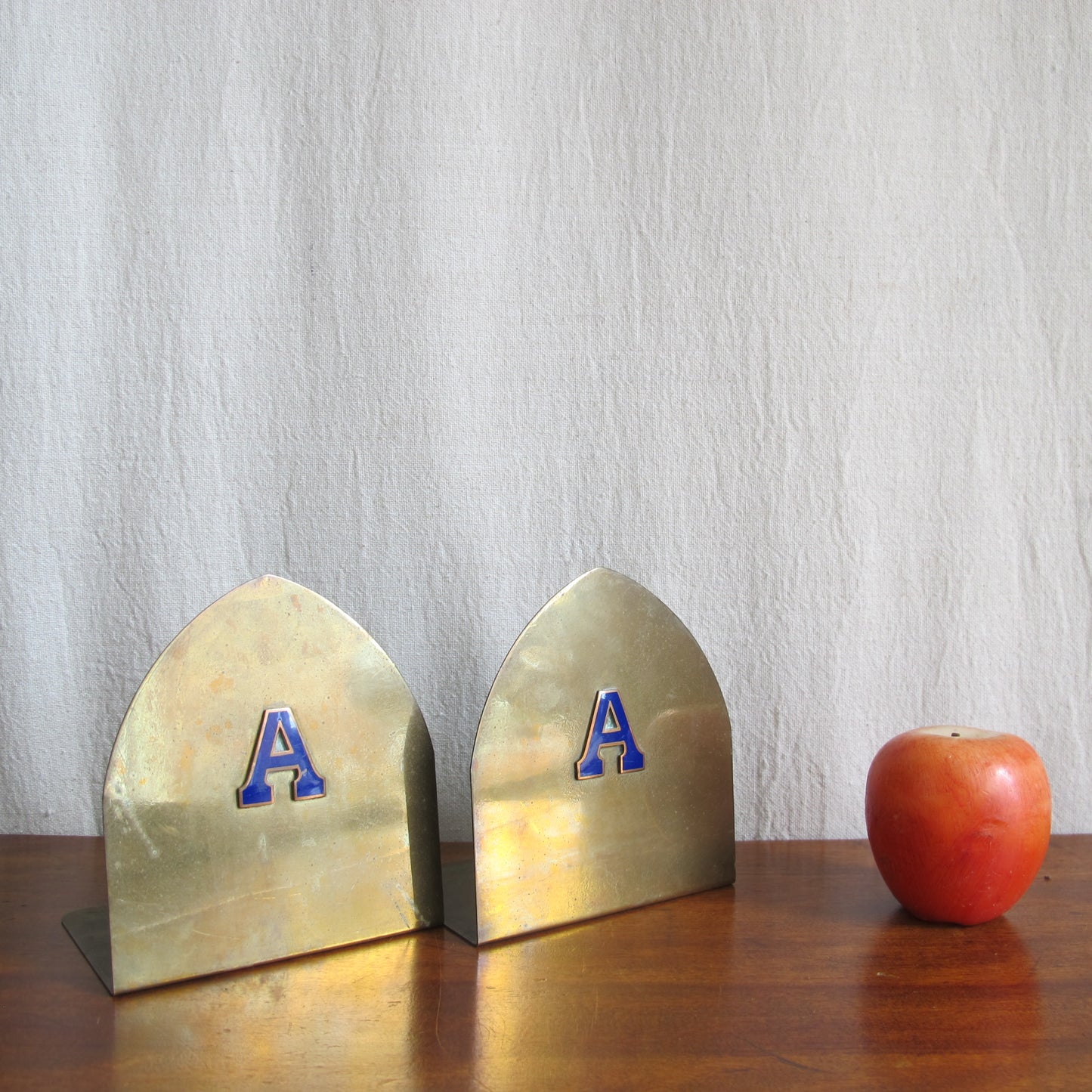 Amherst College bronze bookends with enameled letter A in cobalt blue, c. 1910 Edwardian Victorian vintage antique