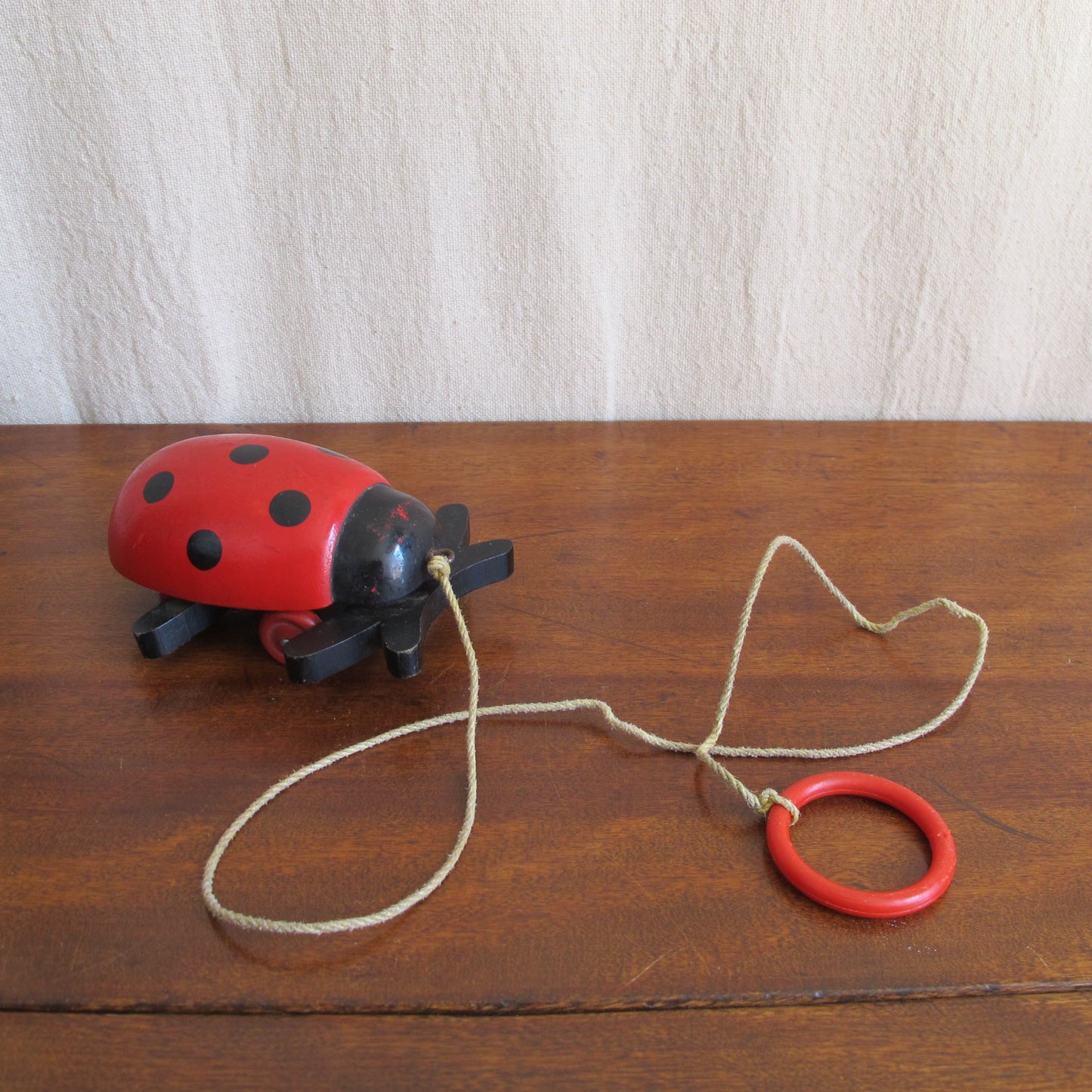 Ladybug pull toy by Brio of Sweden, c. 1950 1960, vintage antique