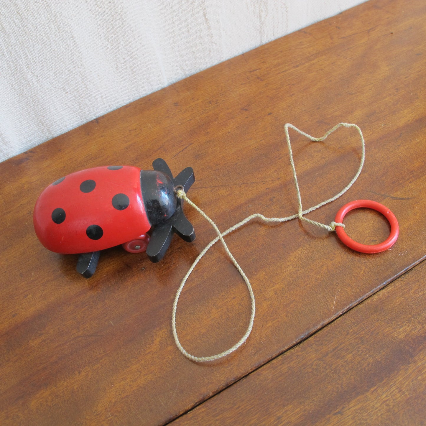 Ladybug pull toy by Brio of Sweden, c. 1950 1960, vintage antique