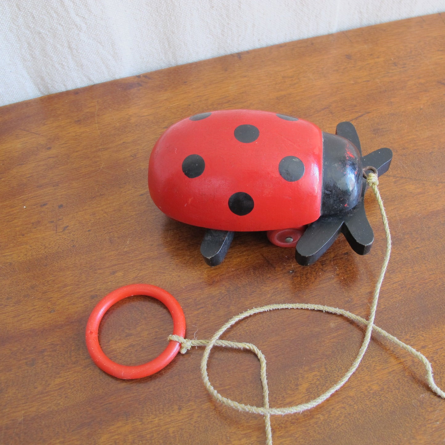 Ladybug pull toy by Brio of Sweden, c. 1950 1960, vintage antique