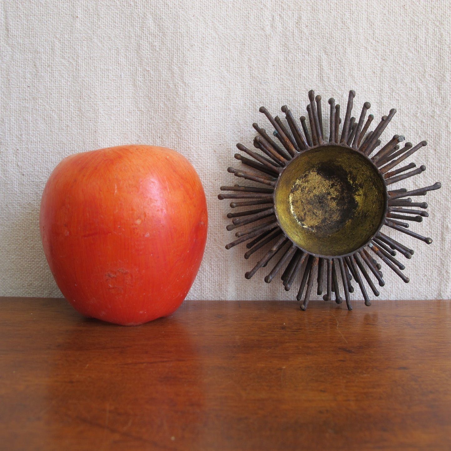 Brutalist spiked bowl with gilded interior, rather like a sea urchin, sculptural on the table or wall, c. 1970