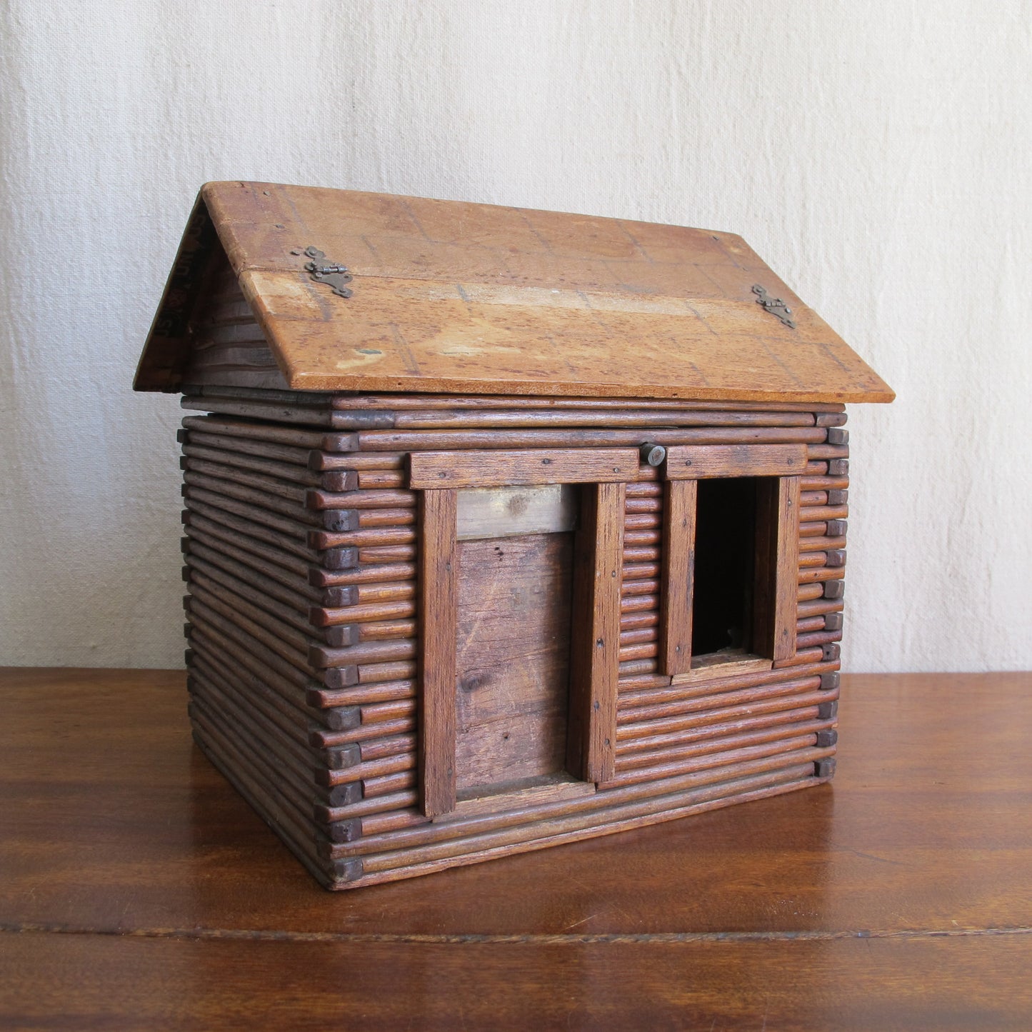 Miniature log cabin with interior made of cigar boxes, c. 1900 vintage antique