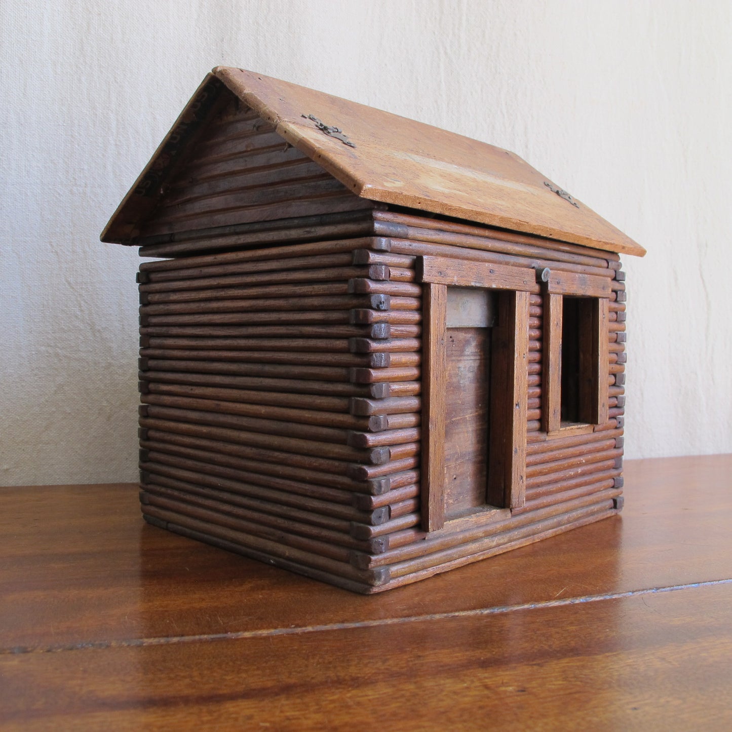 Miniature log cabin with interior made of cigar boxes, c. 1900 vintage antique