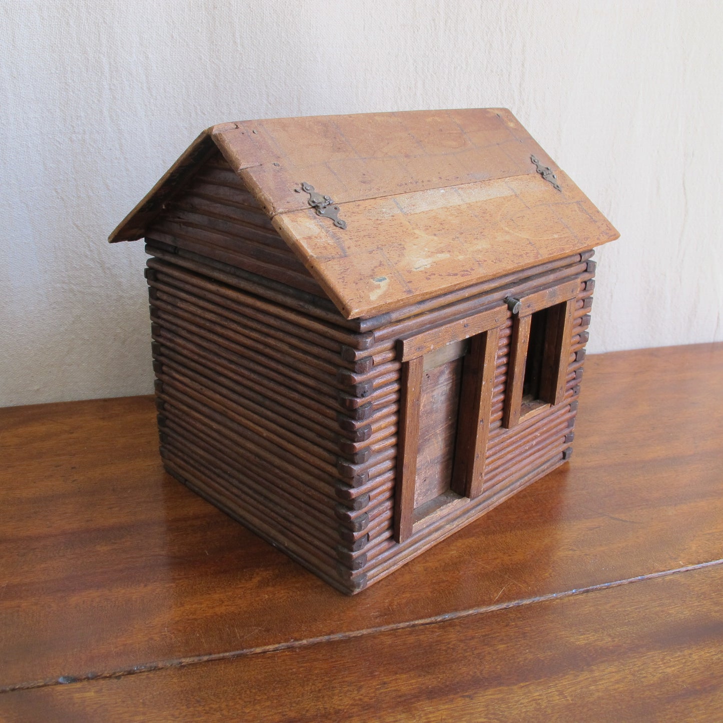 Miniature log cabin with interior made of cigar boxes, c. 1900 vintage antique