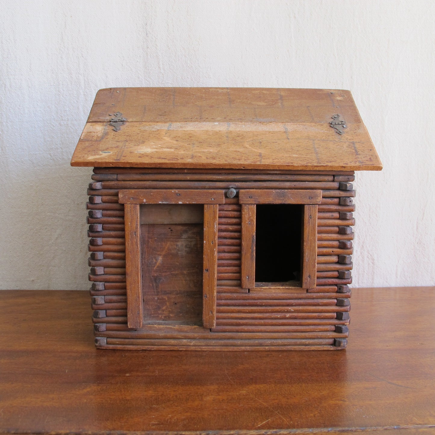 Miniature log cabin with interior made of cigar boxes, c. 1900 vintage antique