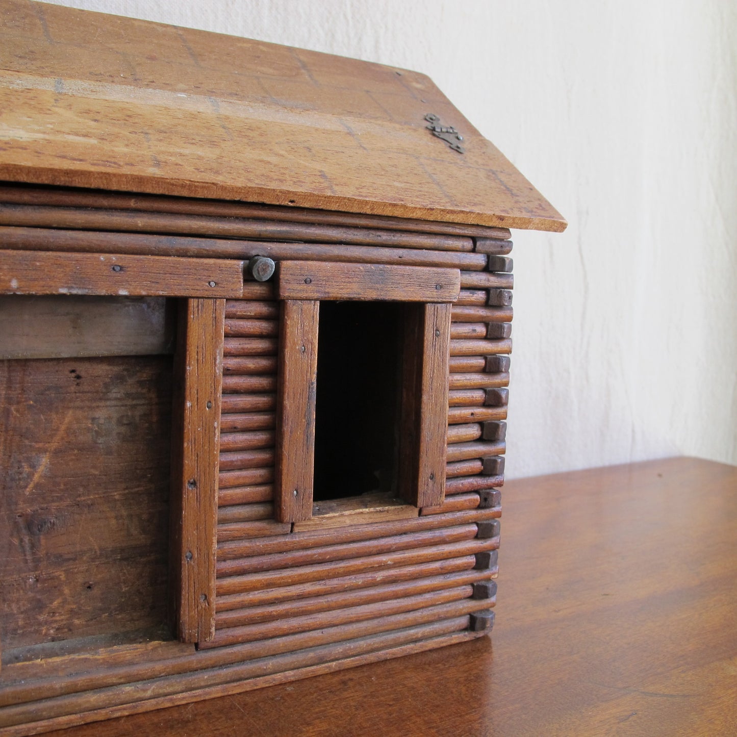 Miniature log cabin with interior made of cigar boxes, c. 1900 vintage antique