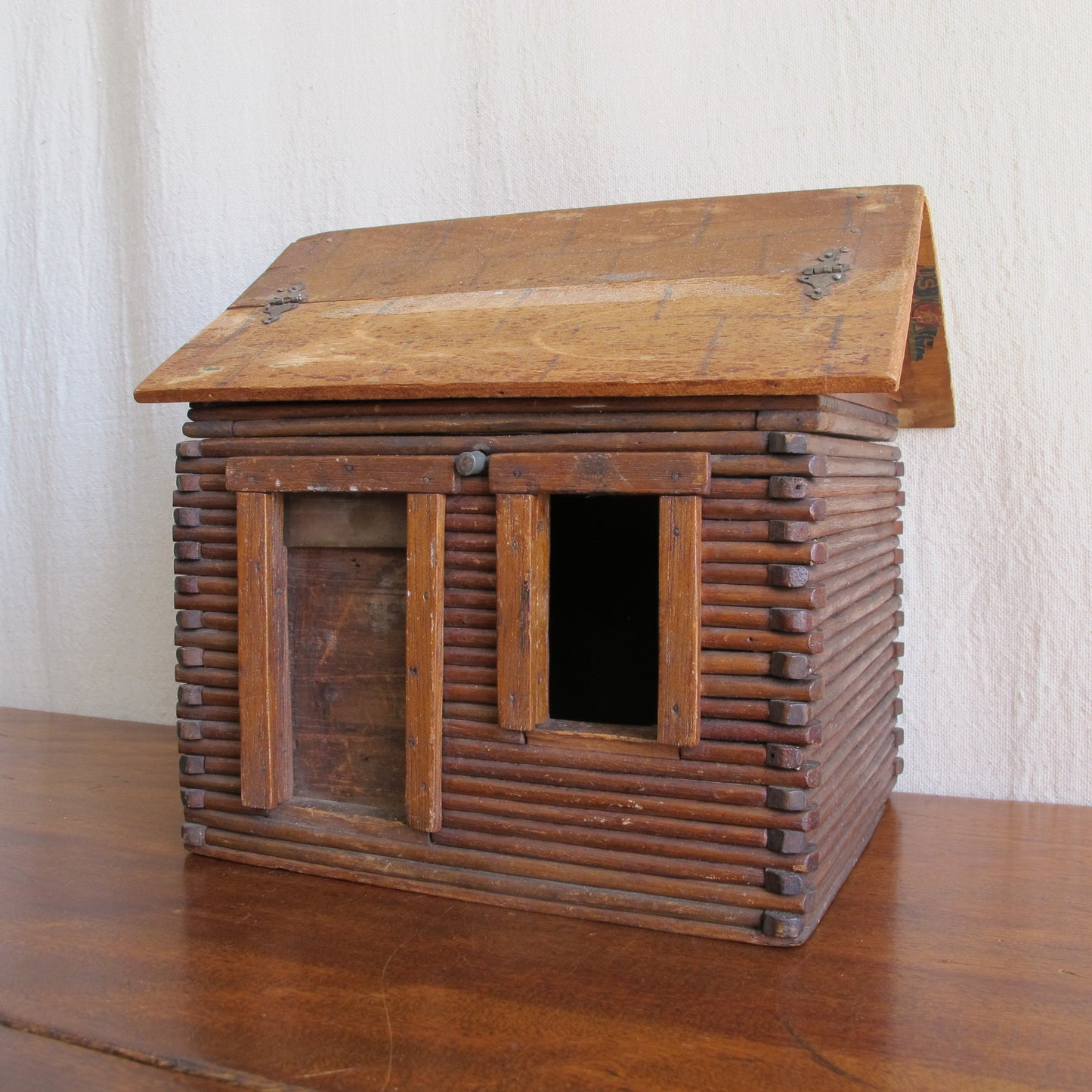 Miniature log cabin with interior made of cigar boxes, c. 1900 vintage antique