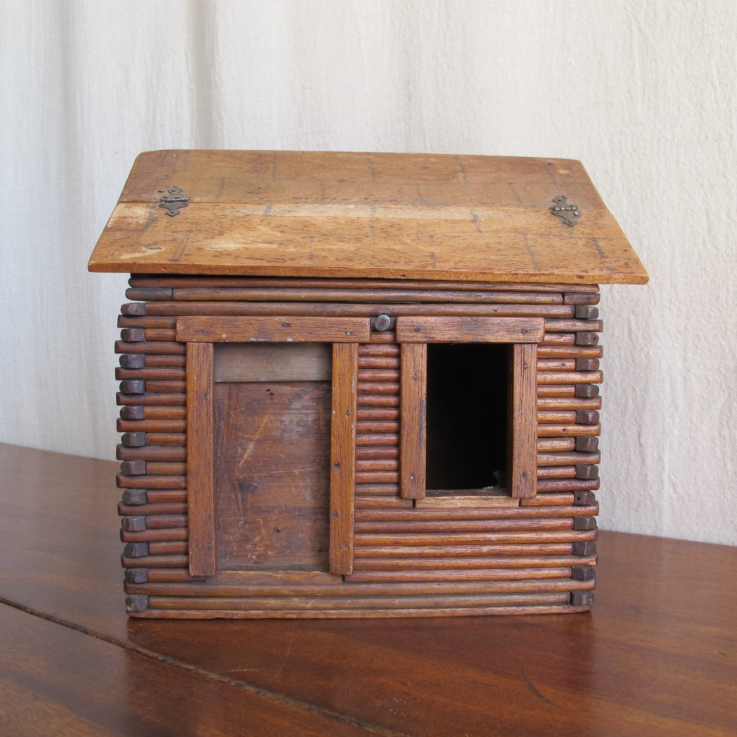 Miniature log cabin with interior made of cigar boxes, c. 1900 vintage antique